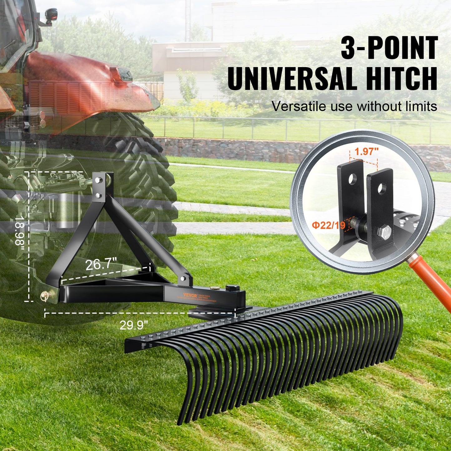 VEVOR Tow Behind Dethatcher, 1.8m Tow Dethatcher with 36 Steel Tines, 3-Point Lawn