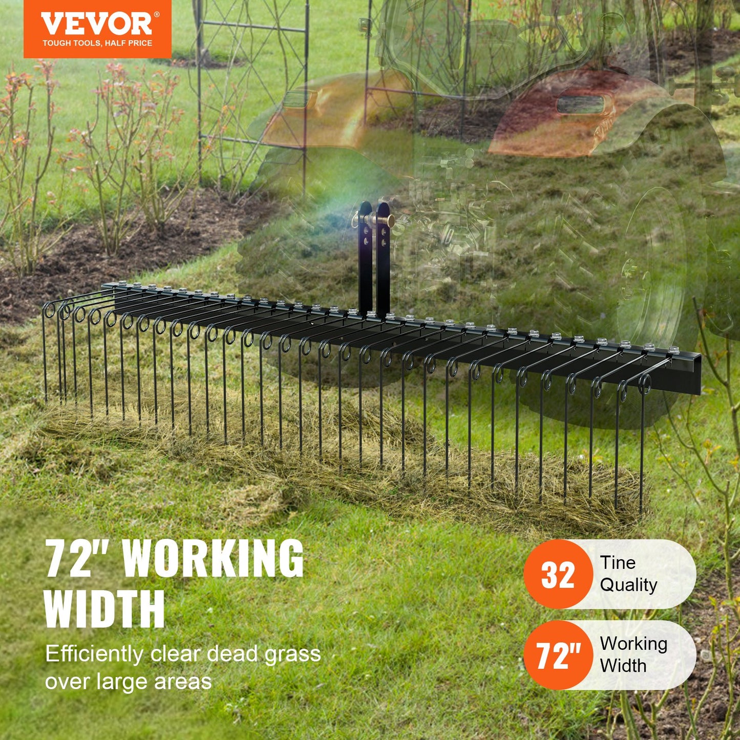VEVOR Tow Behind Landscape Rake, 1.8m Tow Dethatcher with 32 Steel Tines, Lawn Dethatcher