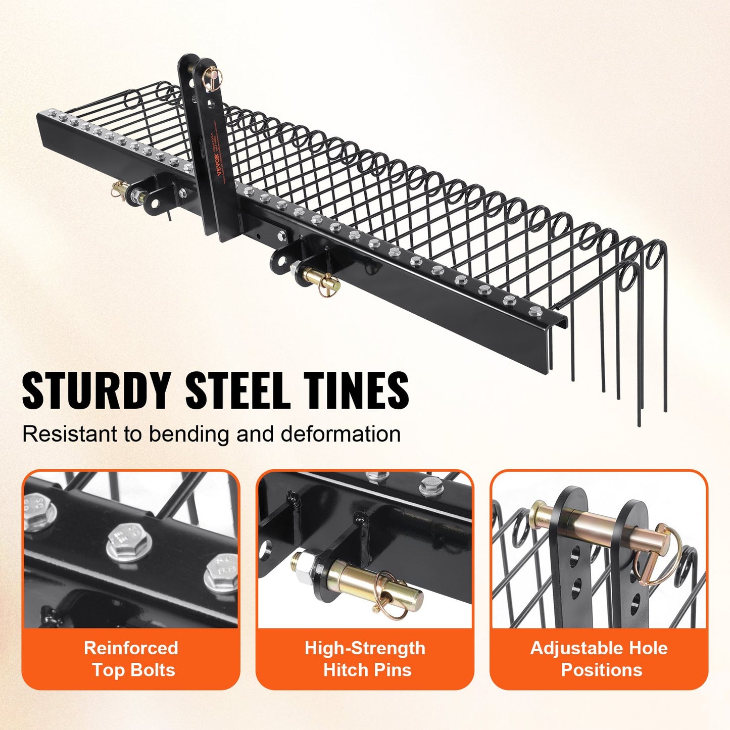 VEVOR Tow Behind Landscape Rake, 1.8m Tow Dethatcher with 32 Steel Tines, Lawn Dethatcher