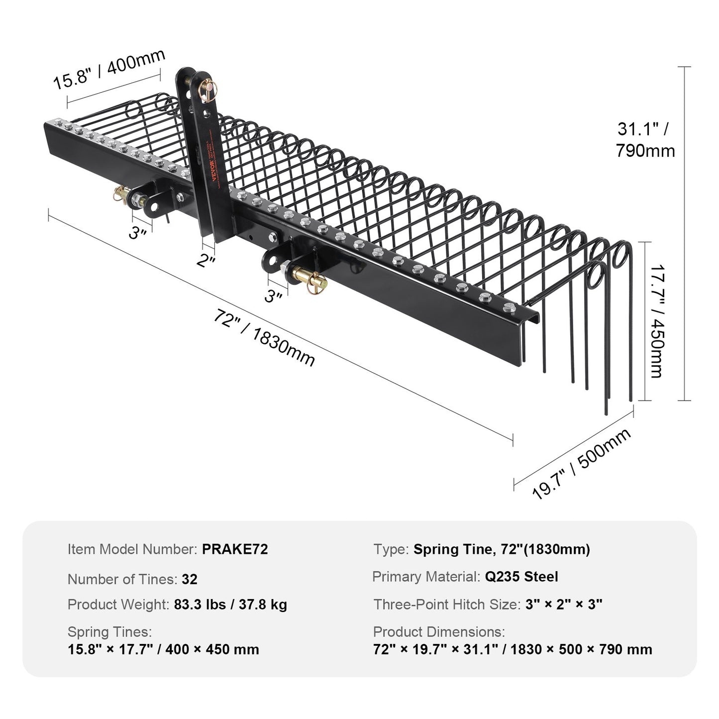 VEVOR Tow Behind Landscape Rake, 1.8m Tow Dethatcher with 32 Steel Tines, Lawn Dethatcher