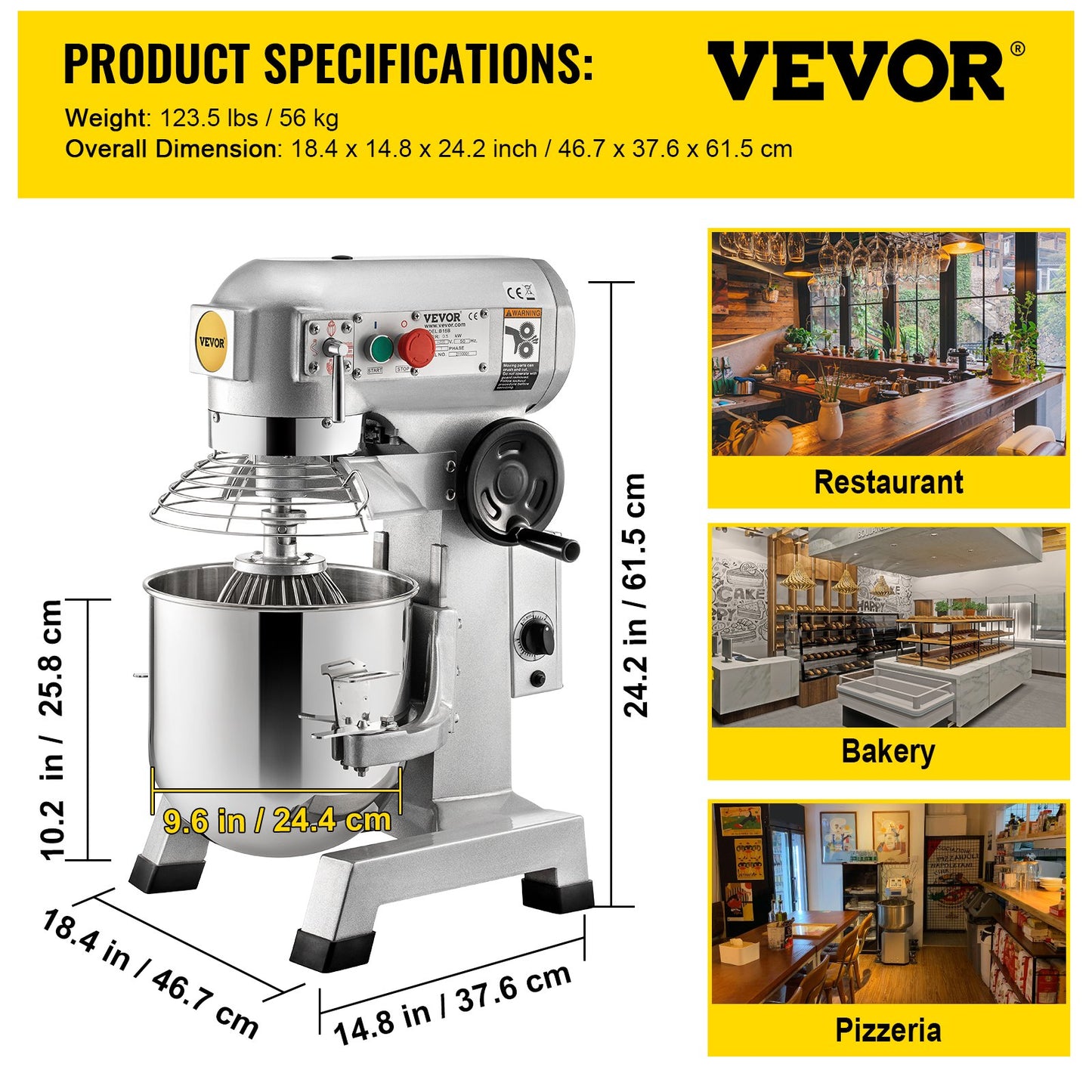 VEVOR Commercial Electric Food Mixer Stand Mixer 10Qt Dough Mixer 3 Speeds 450W