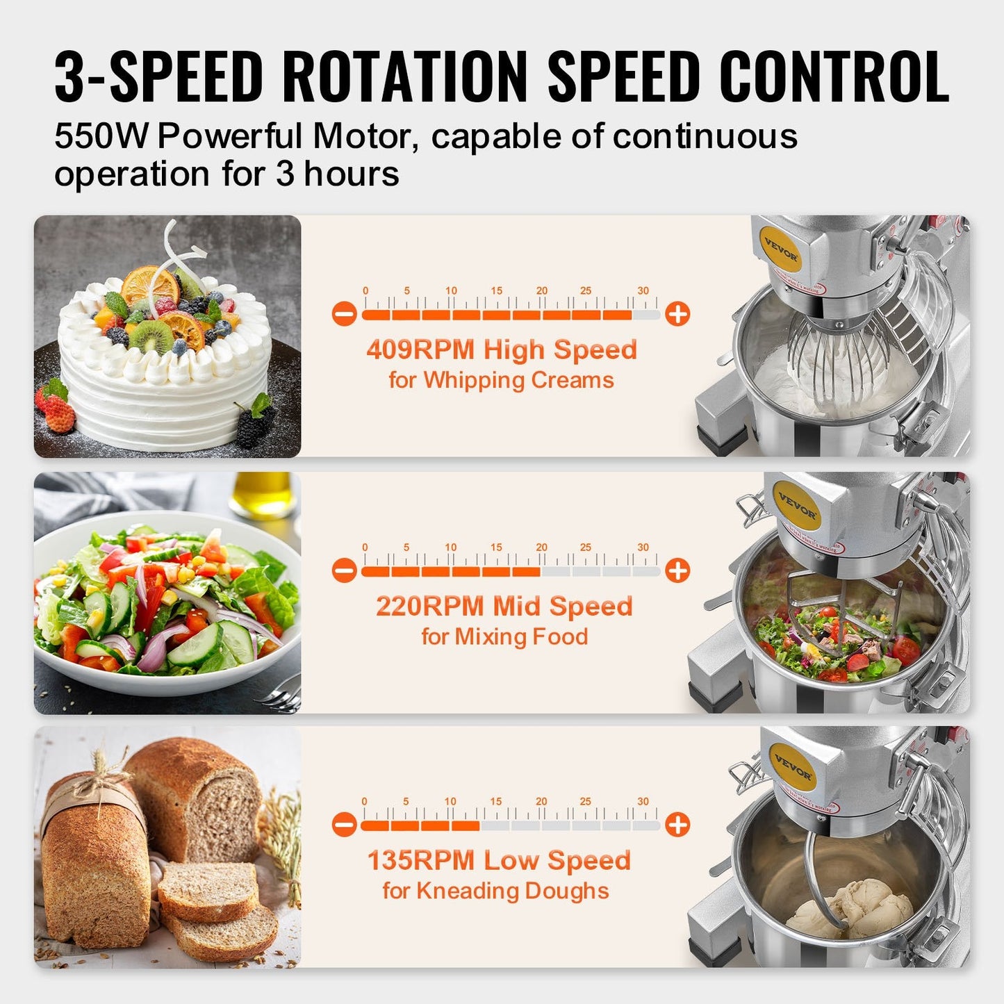10L 550W Commercial Stand Mixer, 3-Speed Dough Mixer for Restaurants