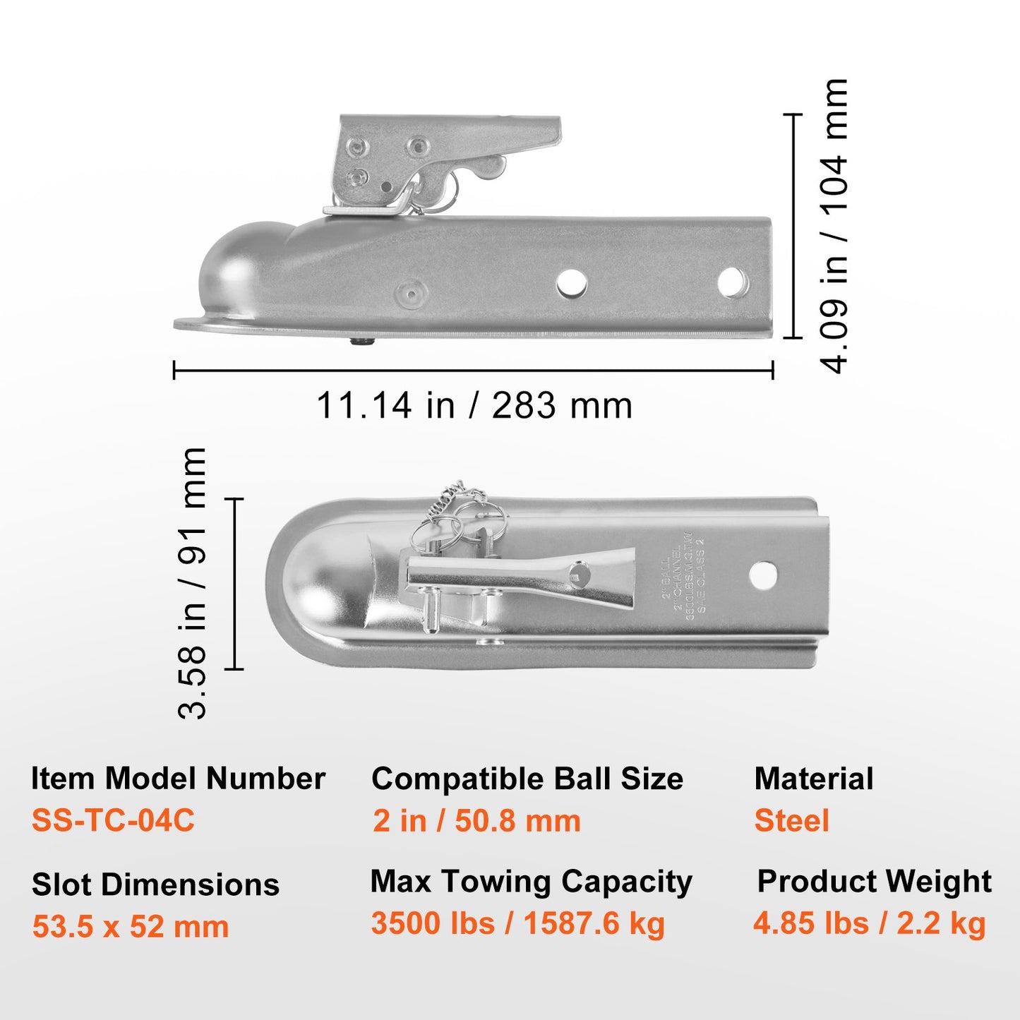 VEVOR Straight Trailer Coupler, for 5.08 cm Hitch Ball, 5.08 cm Channel, 1587 kg