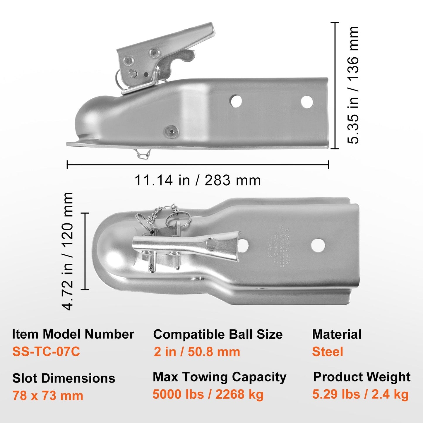 Heavy Duty Trailer Coupler for 5cm Hitch Ball, 2.3 Ton Capacity, Zinc Plated