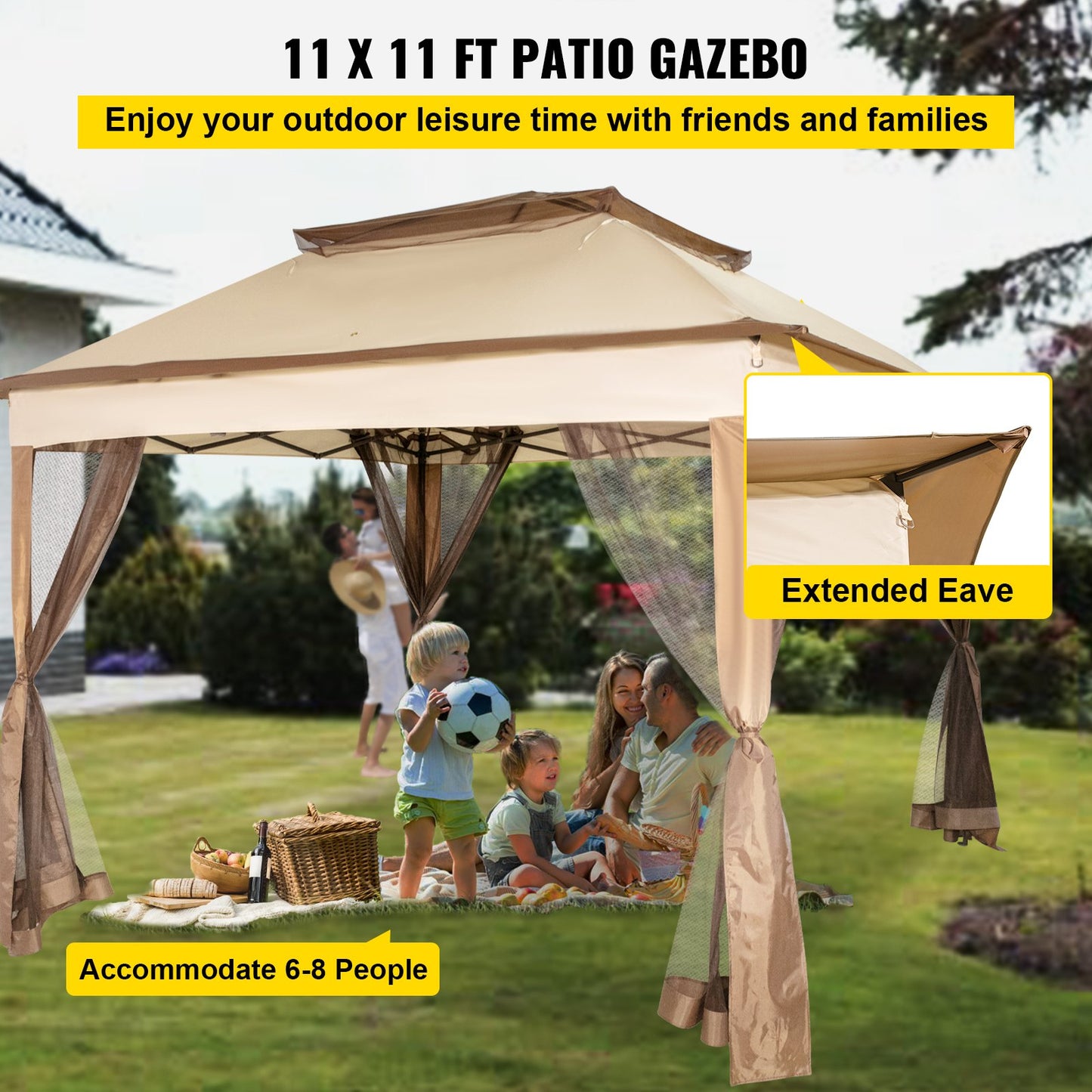 VEVOR Outdoor Canopy Gazebo Tent, Portable Canopy Shelter with 11\'x11\' Large Shade
