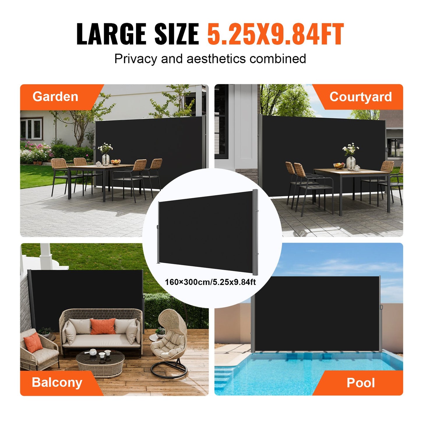 VEVOR Retractable Side Awning, 160X300cm Aluminum Outdoor Privacy Screen, 280g Polyester