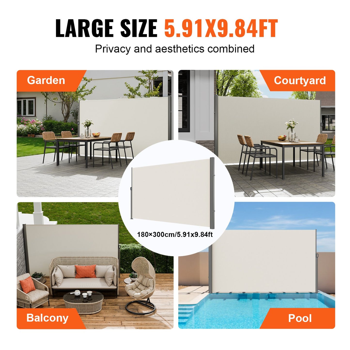 VEVOR Retractable Side Awning,180X300cm Aluminum Outdoor Privacy Screen, 280g Polyester