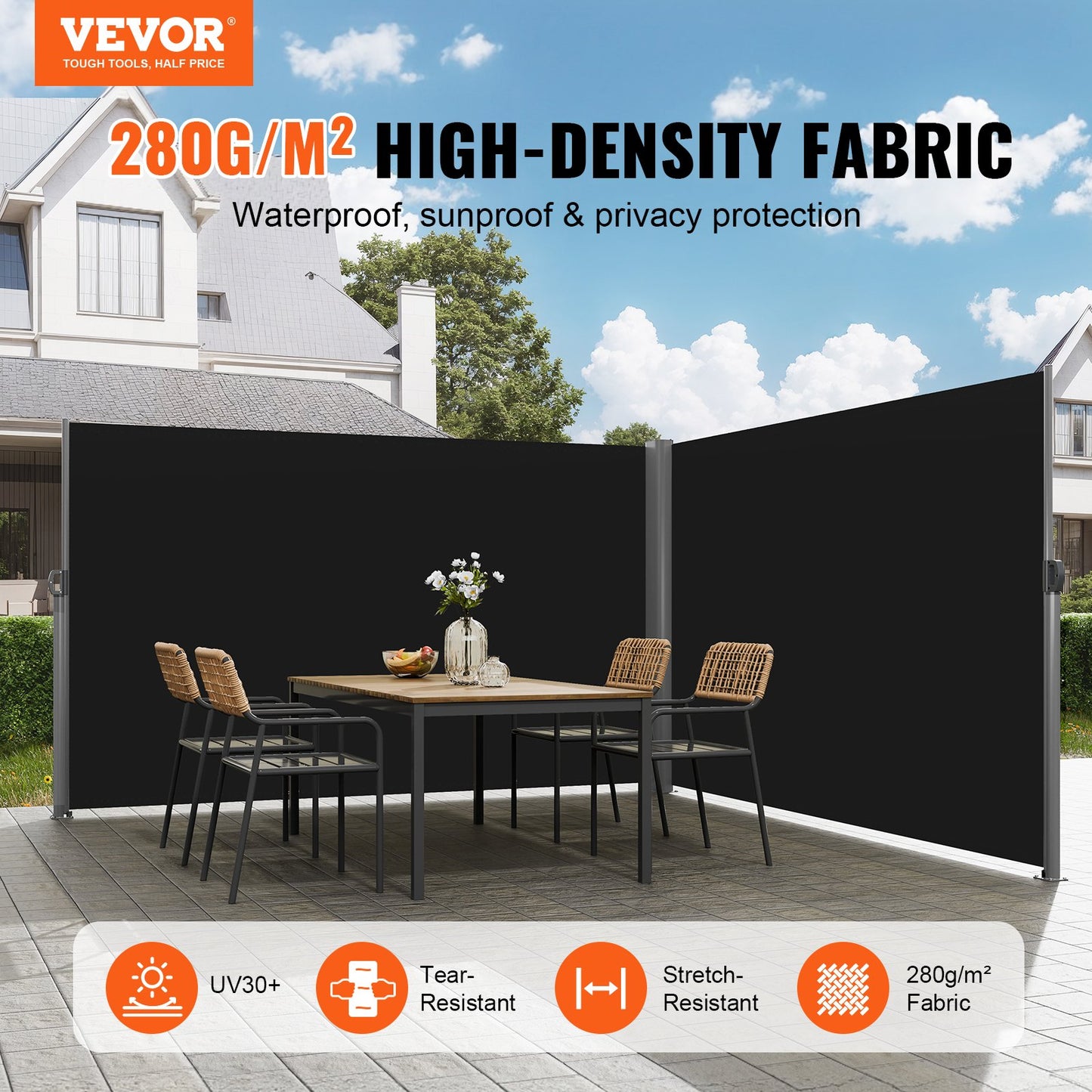 VEVOR Retractable Side Awning, 180X600cm Aluminum Outdoor Privacy Screen, 280g Polyester