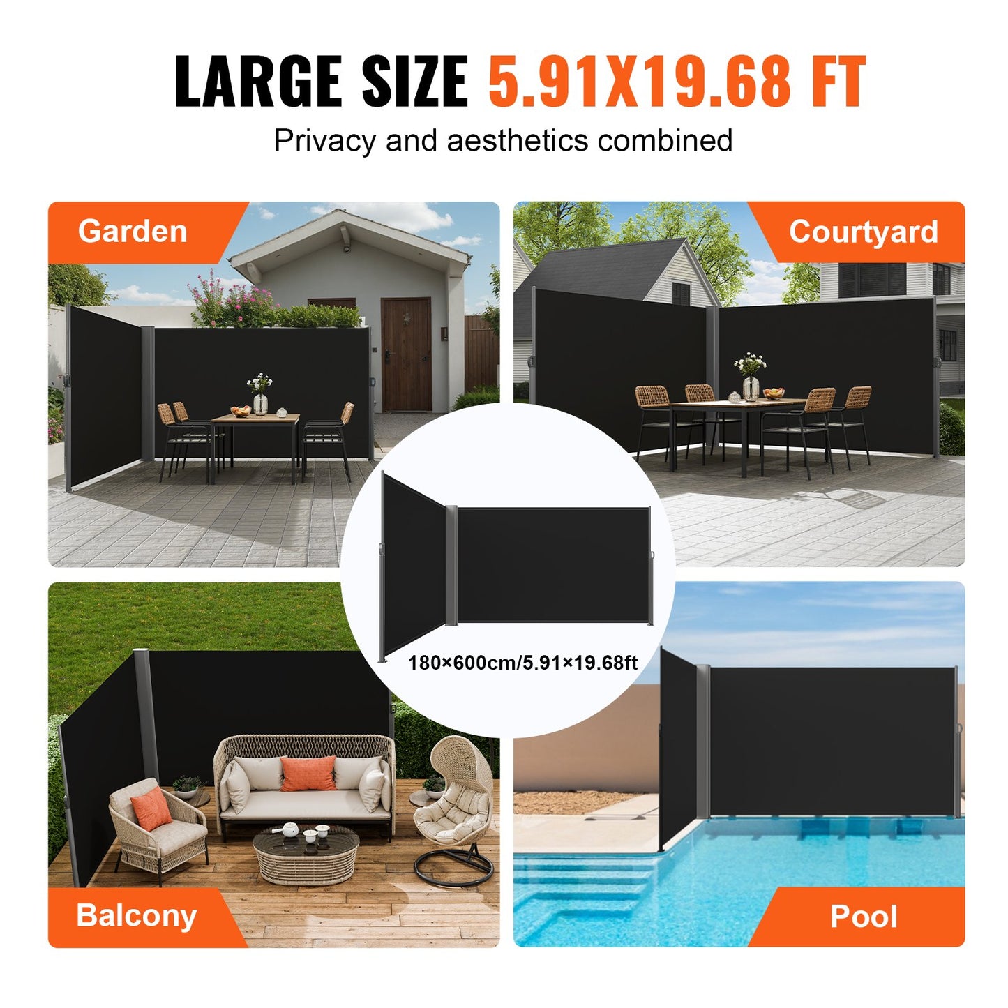 VEVOR Retractable Side Awning, 180X600cm Aluminum Outdoor Privacy Screen, 280g Polyester