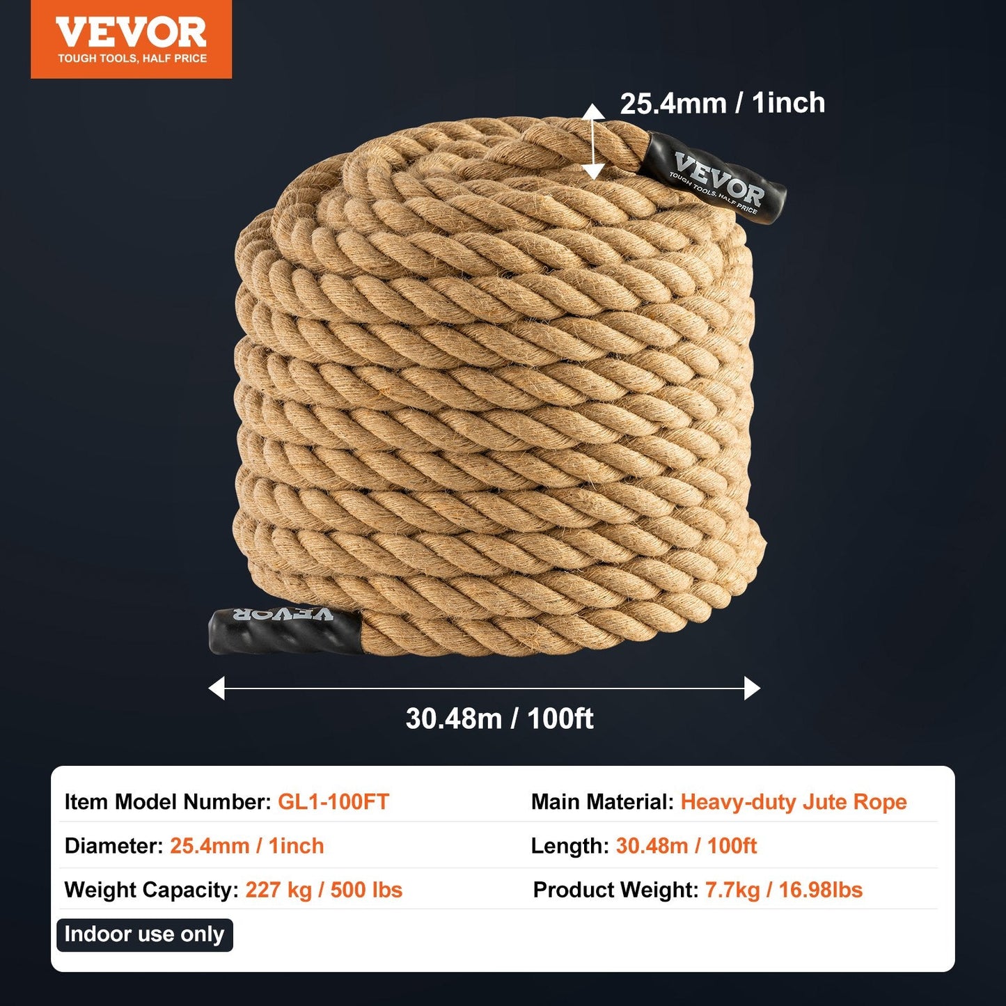 30.5m Heavy-Duty Jute Climbing Rope for Fitness and Strength Training