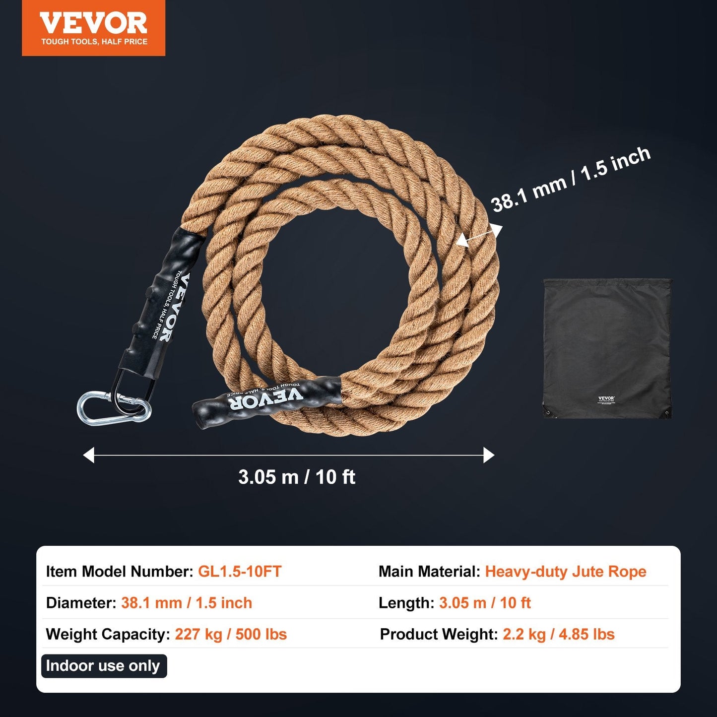 3.05m Heavy-Duty Jute Gym Climbing Rope - 227kg Capacity for Strength Training