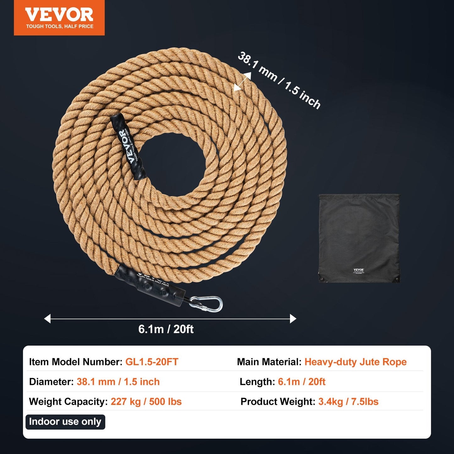Heavy-Duty 6.1m Jute Gym Climbing Rope for Strength Training and Exercise