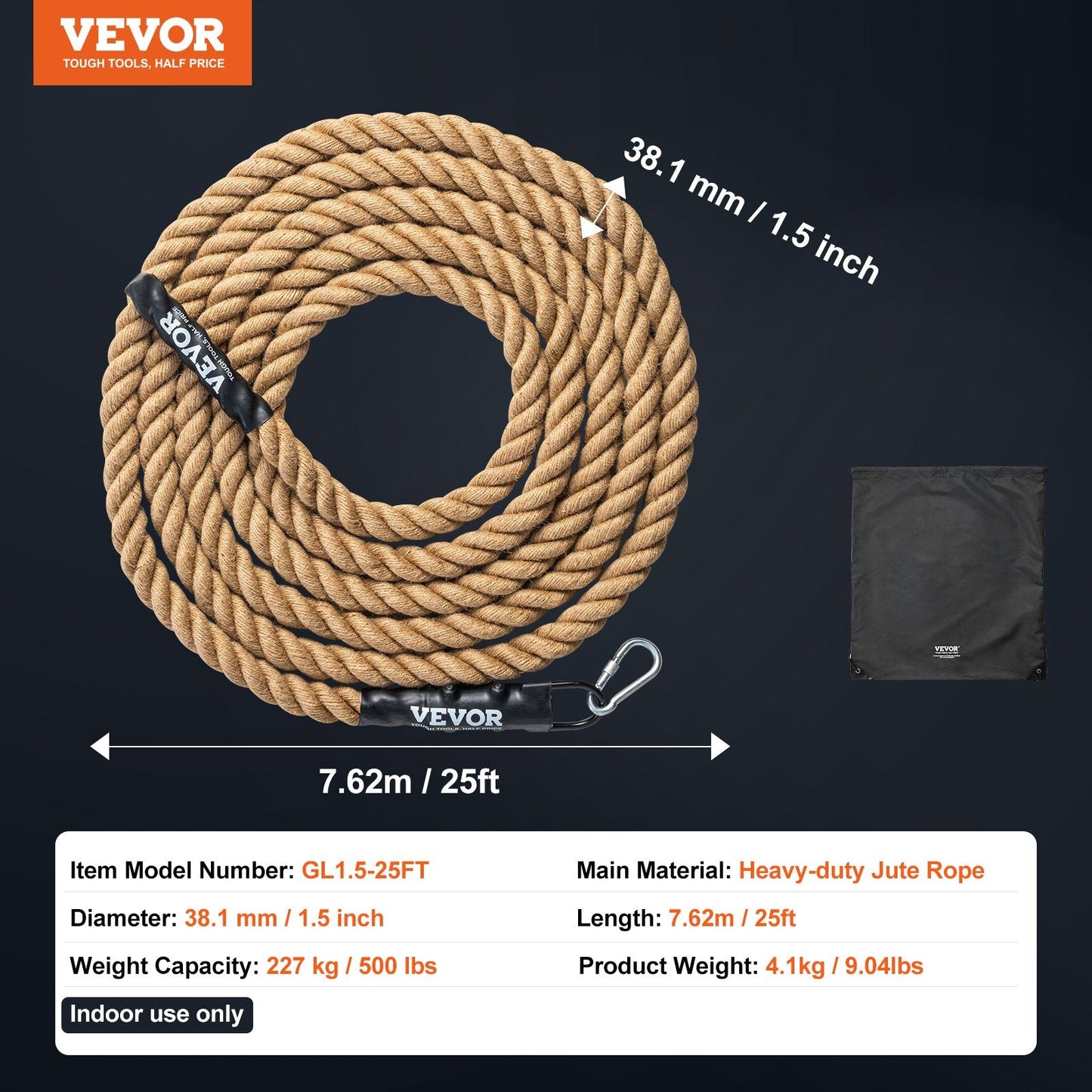 Heavy-Duty 3.8CM x 7.6M Jute Gym Climbing Rope - 227 kg Capacity, Home Training
