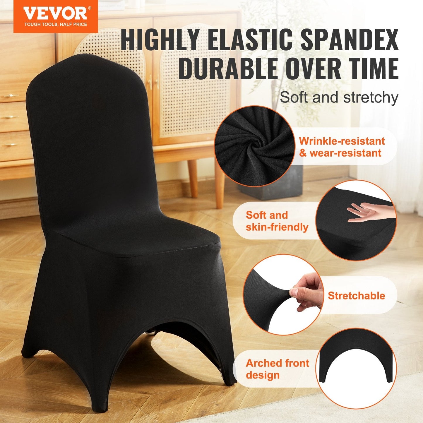 50 Black Stretch Chair Covers for Weddings and Events, Polyester Spandex