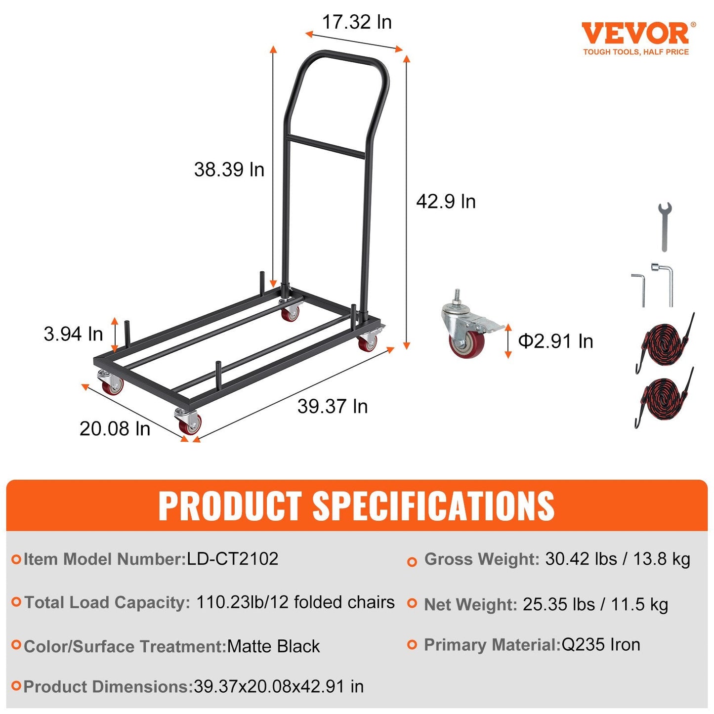 Heavy Duty Folding Chair Cart with Flexible Casters, Holds 12 Chairs, 110 kg Capacity