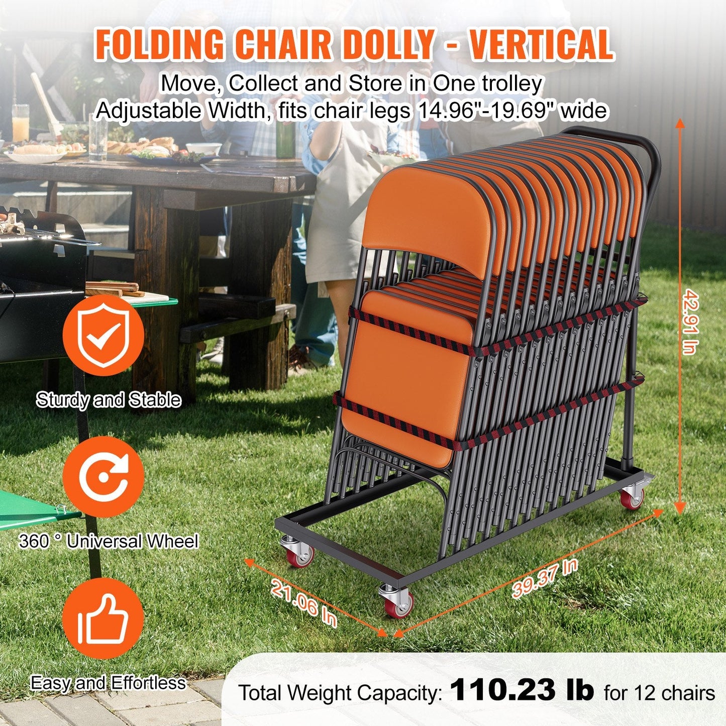 Commercial Folding Chair Cart, Iron Trolley for 12 Chairs with Casters, Black