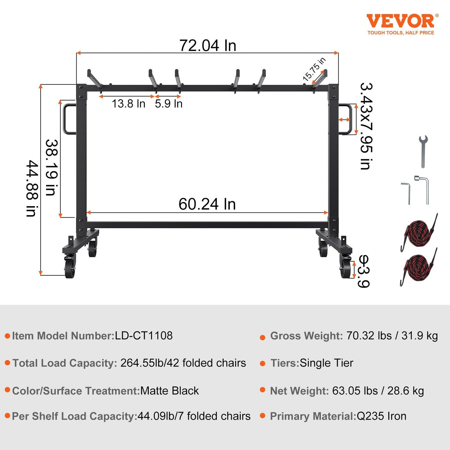 Heavy Duty Mobile Cart for 42 Stackable Chairs, 1.83 Meter Matte Black Iron