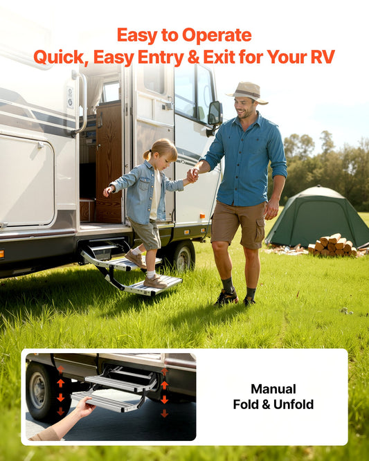 RV Steps, 2-Step, 200 kg Load Capacity, Manual Retractable RV Stairs, Telescopic Folding Aluminum Alloy Camper Steps, Steel Frame Non-Slip Entry Stairs for Camper Van Motorhome Travel Trailer