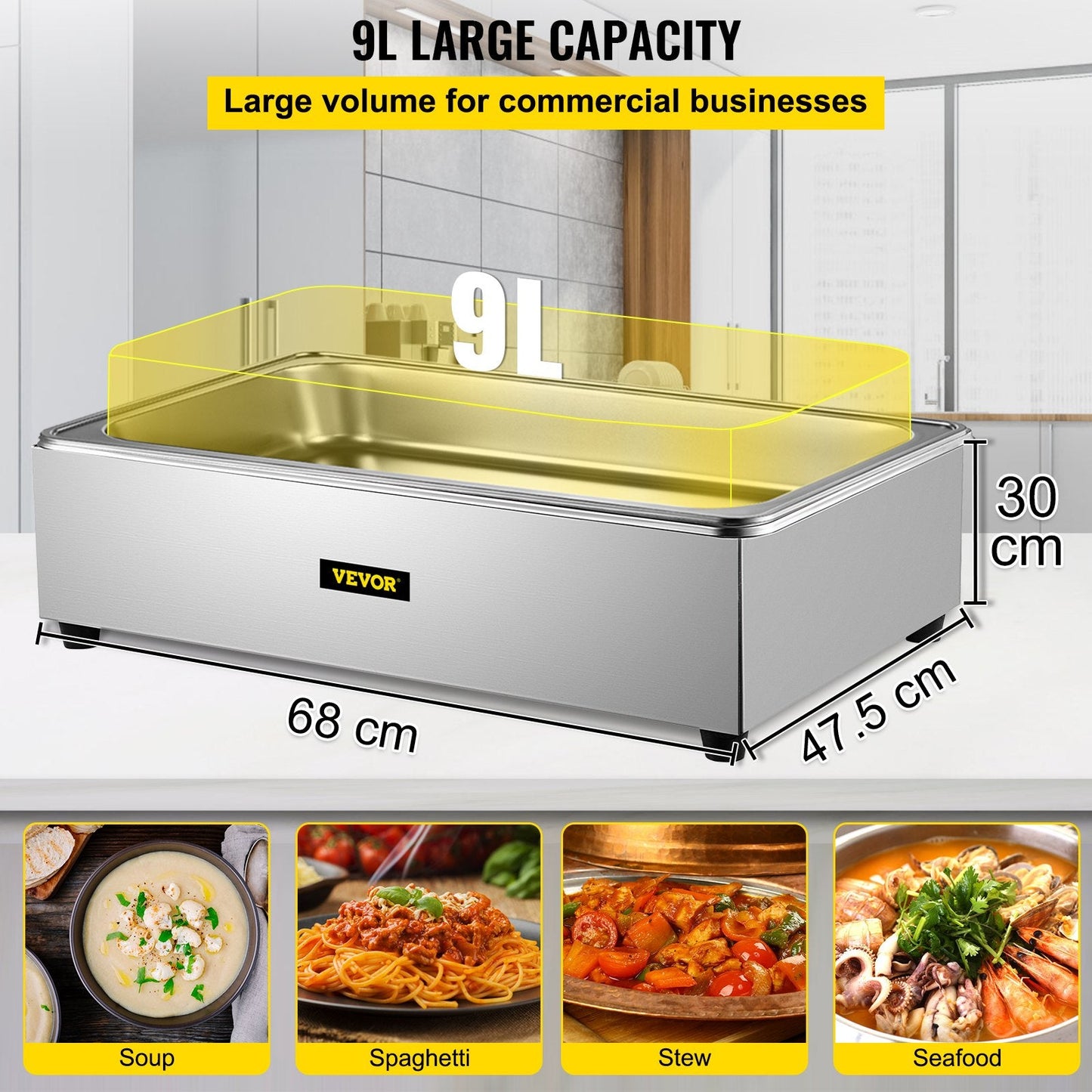 Stainless Steel Bain Marie Buffet Steamer with 1 Pan, 400W, 7.5 kg, 9L Capacity