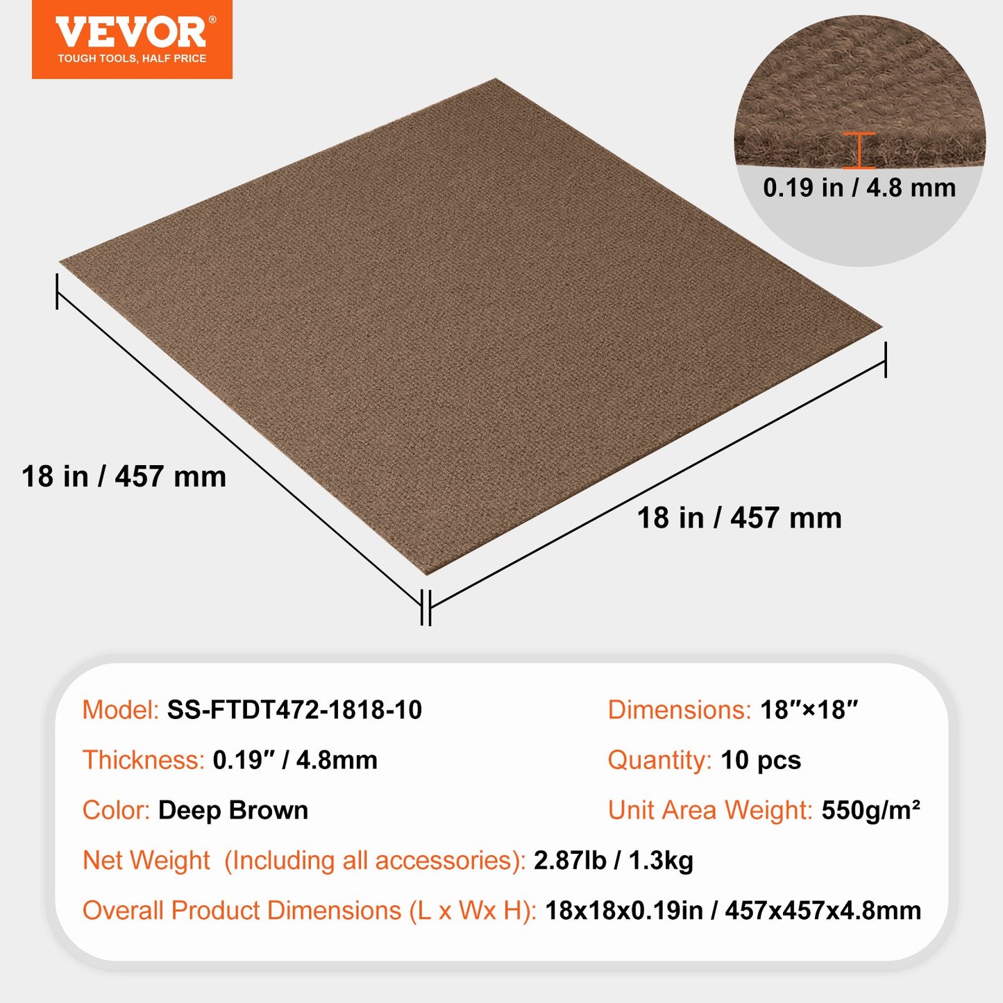 VEVOR Carpet Tiles Peel and Stick, 18” x 18” Squares Self Adhesive Carpet Floor