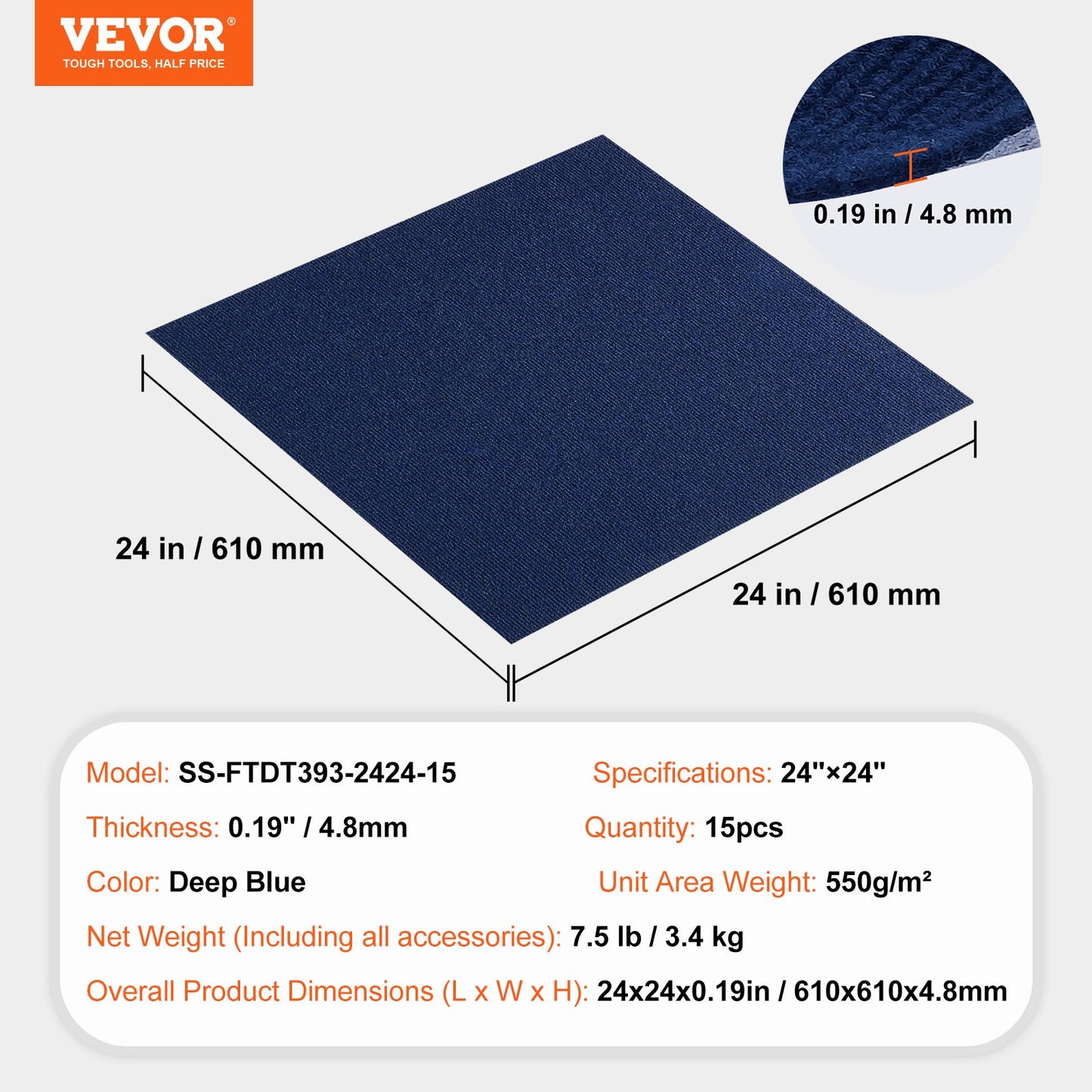 VEVOR Carpet Tiles Peel and Stick, 24” x 24” Squares Self Adhesive Carpet Floor