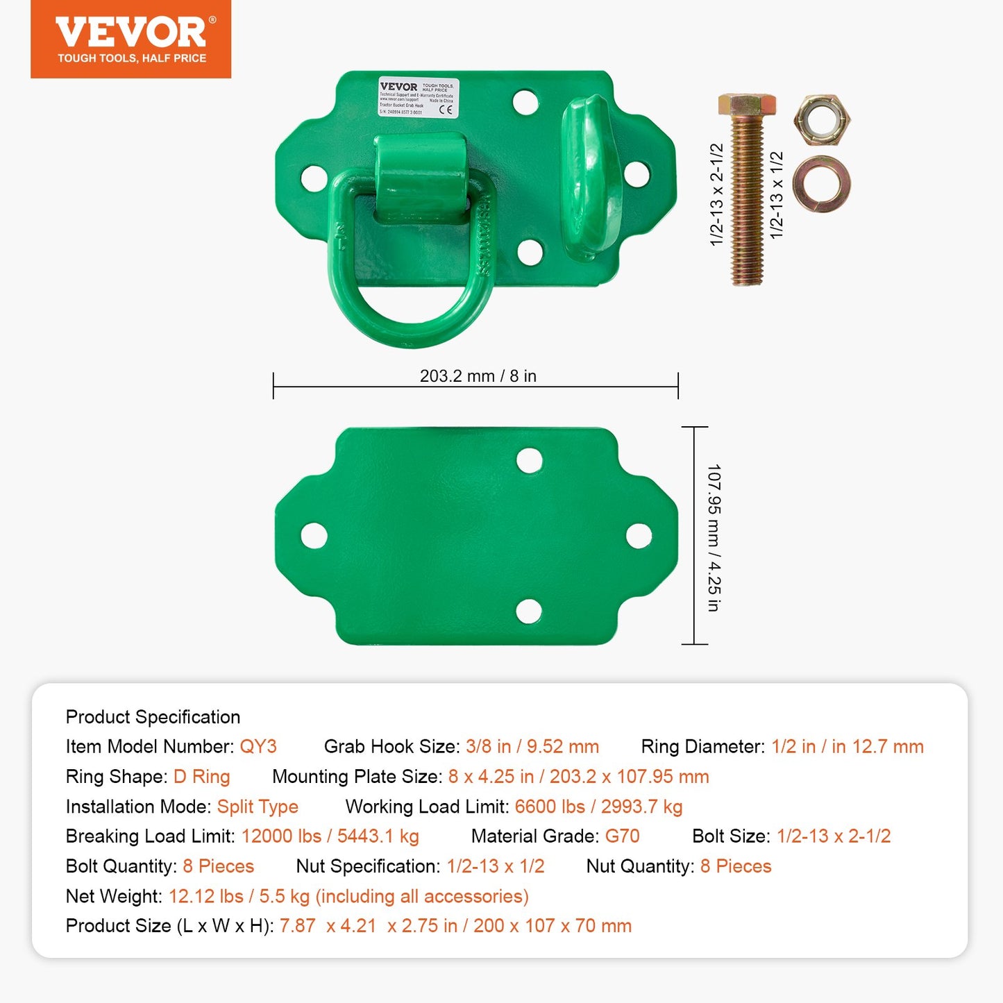 VEVOR 3/8" Tractor Bucket Hooks Grade 70 Steel Grab Hooks 12,000 lbs for RV UTV