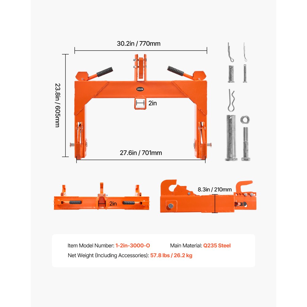 VEVOR 3-Point Quick Hitch 2" Receiver Fit Category 1 & 2 Tractor 3000lb Orange