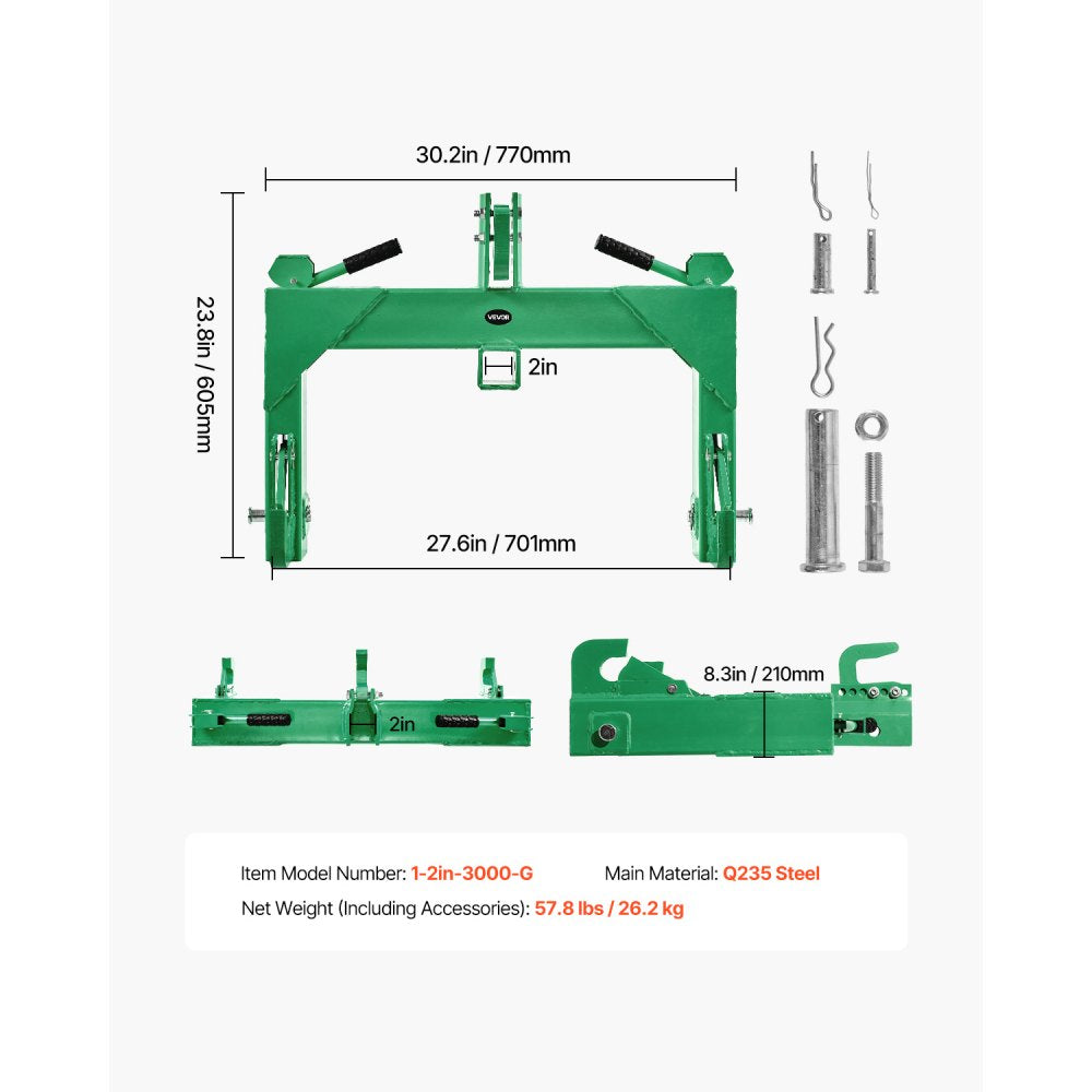 VEVOR 3-Point Quick Hitch 2" Receiver Fit Category 1 & 2 Tractor 3000lb Green
