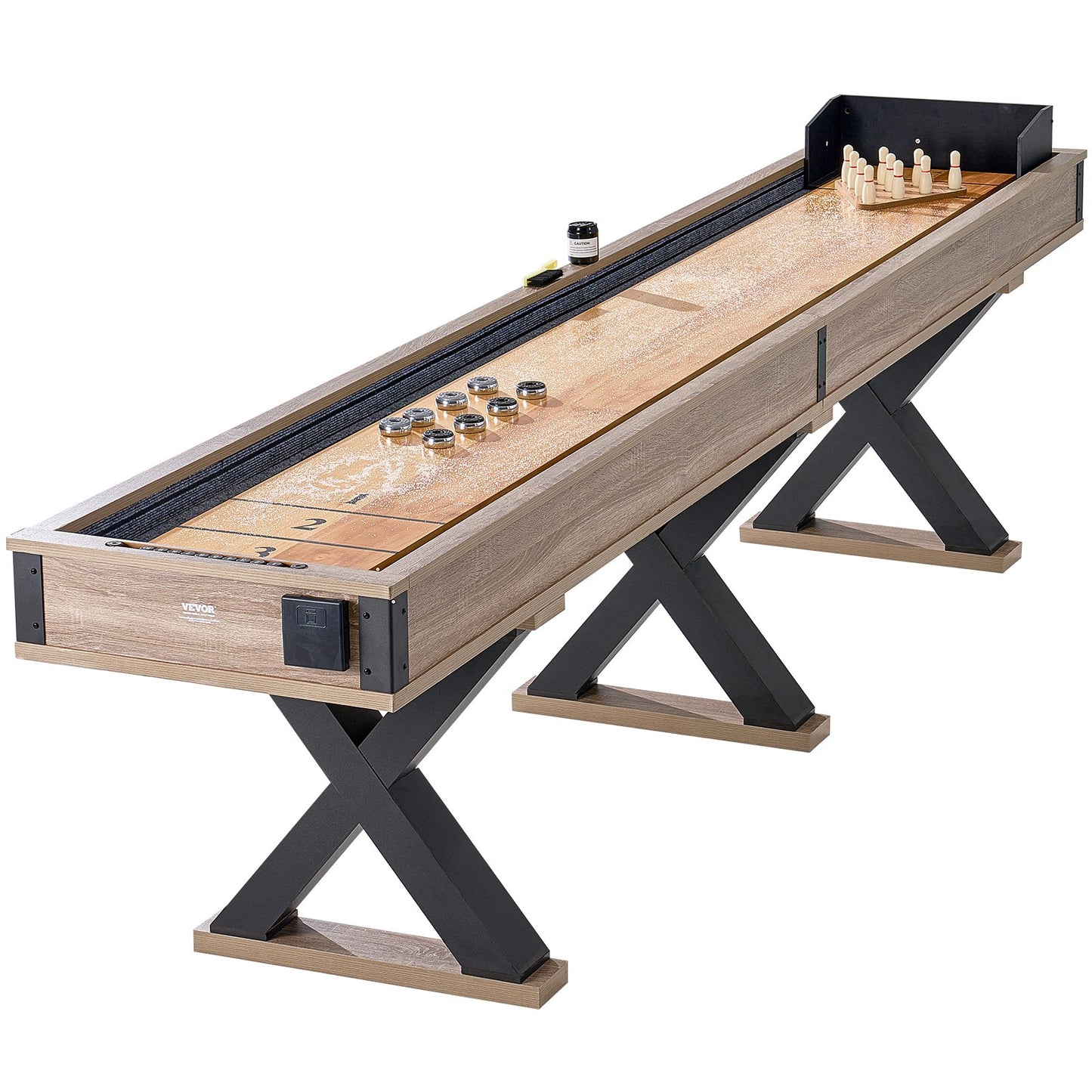 Shuffleboard Table, 348cm Shuffleboard for Family Game Rooms, 2 in 1 Shuffleboard and Bowling Combo Game Set, with Scratch-Resistant Playfield, Legs, 8 Pucks, Bowling Set, Wax, and Table Brush