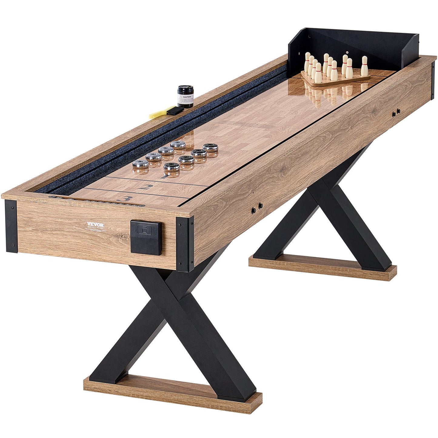 Shuffleboard Table, 276cm Shuffleboard for Family Game Rooms, 2 in 1 Shuffleboard and Bowling Combo Game Set, with Scratch-Resistant Playfield, Legs, 8 Pucks, Bowling Set, Wax, and Table Brush