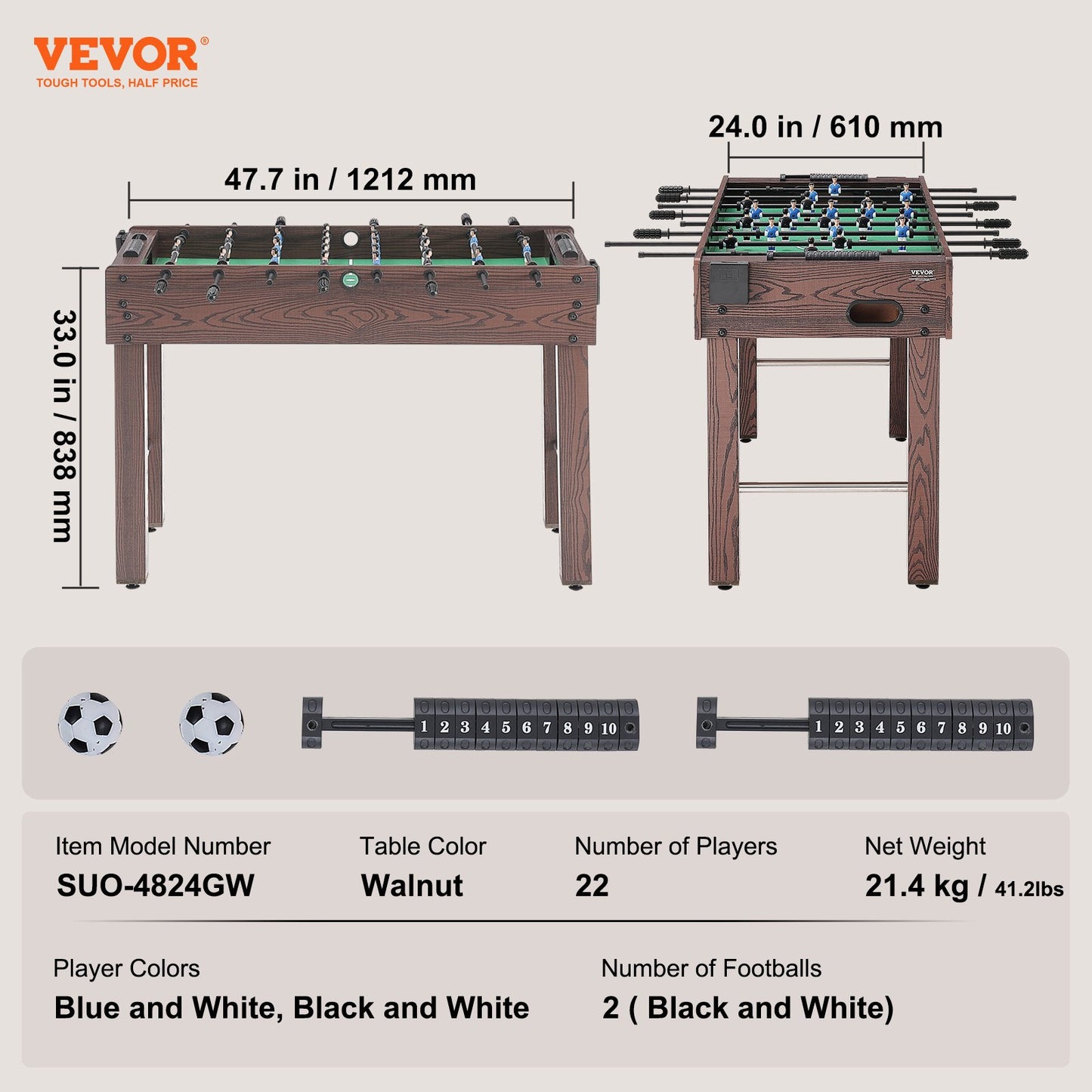 VEVOR Foosball Table, 48 inch Standard Size Foosball Table, Indoor Full Size Foosball