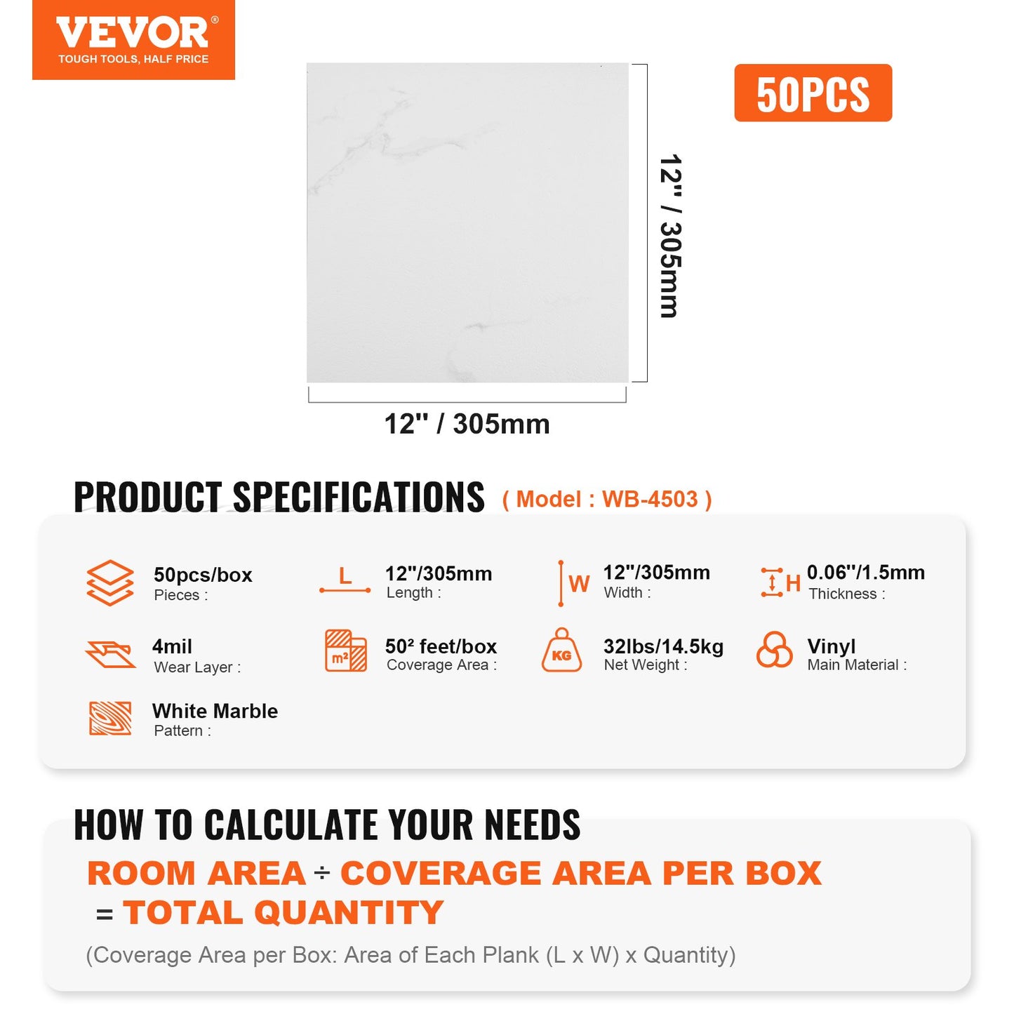 VEVOR Self Adhesive Vinyl Floor Tiles 12 x 12 inch, 50 Tiles 1.5mm Thick Peel &