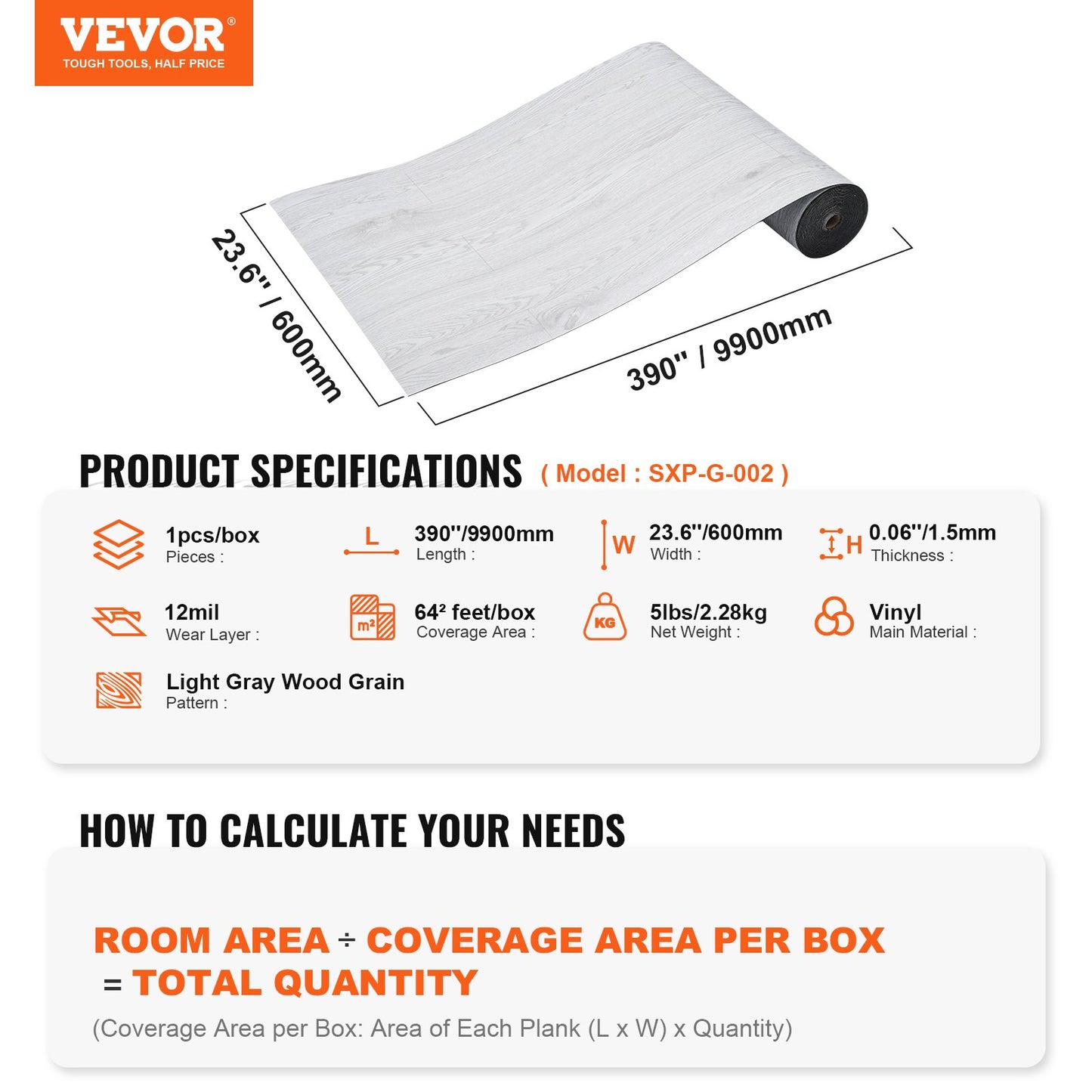 VEVOR Self Adhesive Vinyl Floor Tiles 390 x 23.6 inch, 1.5mm Thick Peel & Stick,
