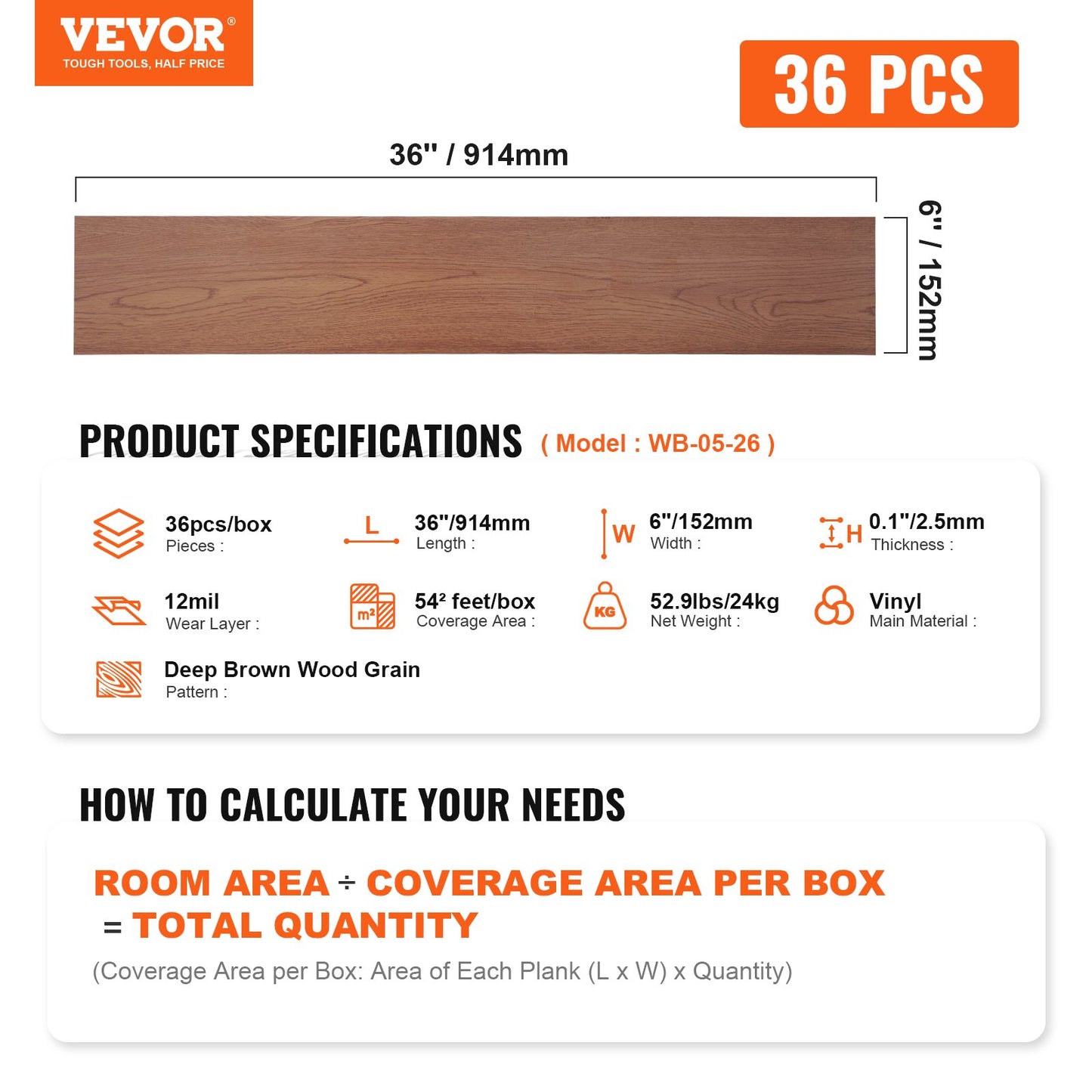 VEVOR Self Adhesive Vinyl Floor Tiles 36 x 6 inch, 36 Tiles 2.5mm Thick Peel & Stick,