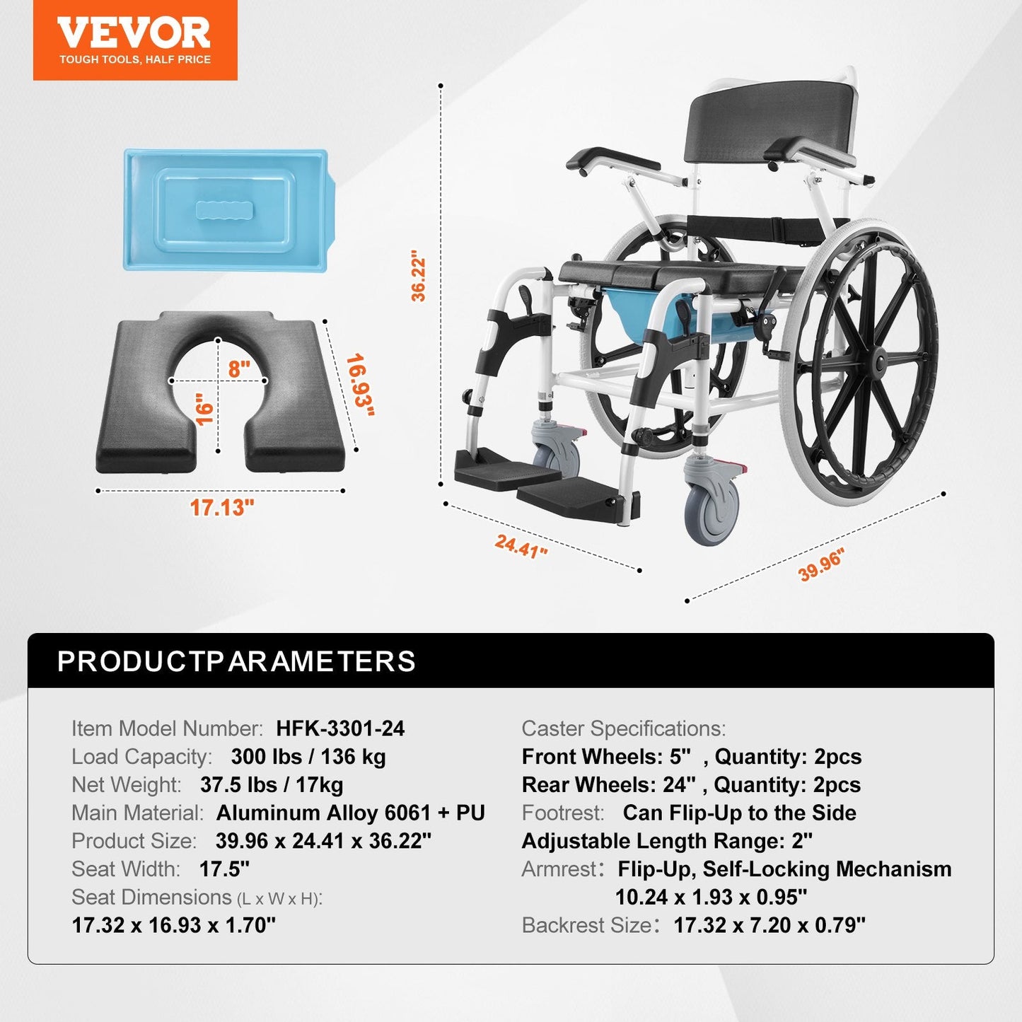Aluminum Alloy Shower Commode Wheelchair for Disabled, 136 kg Capacity