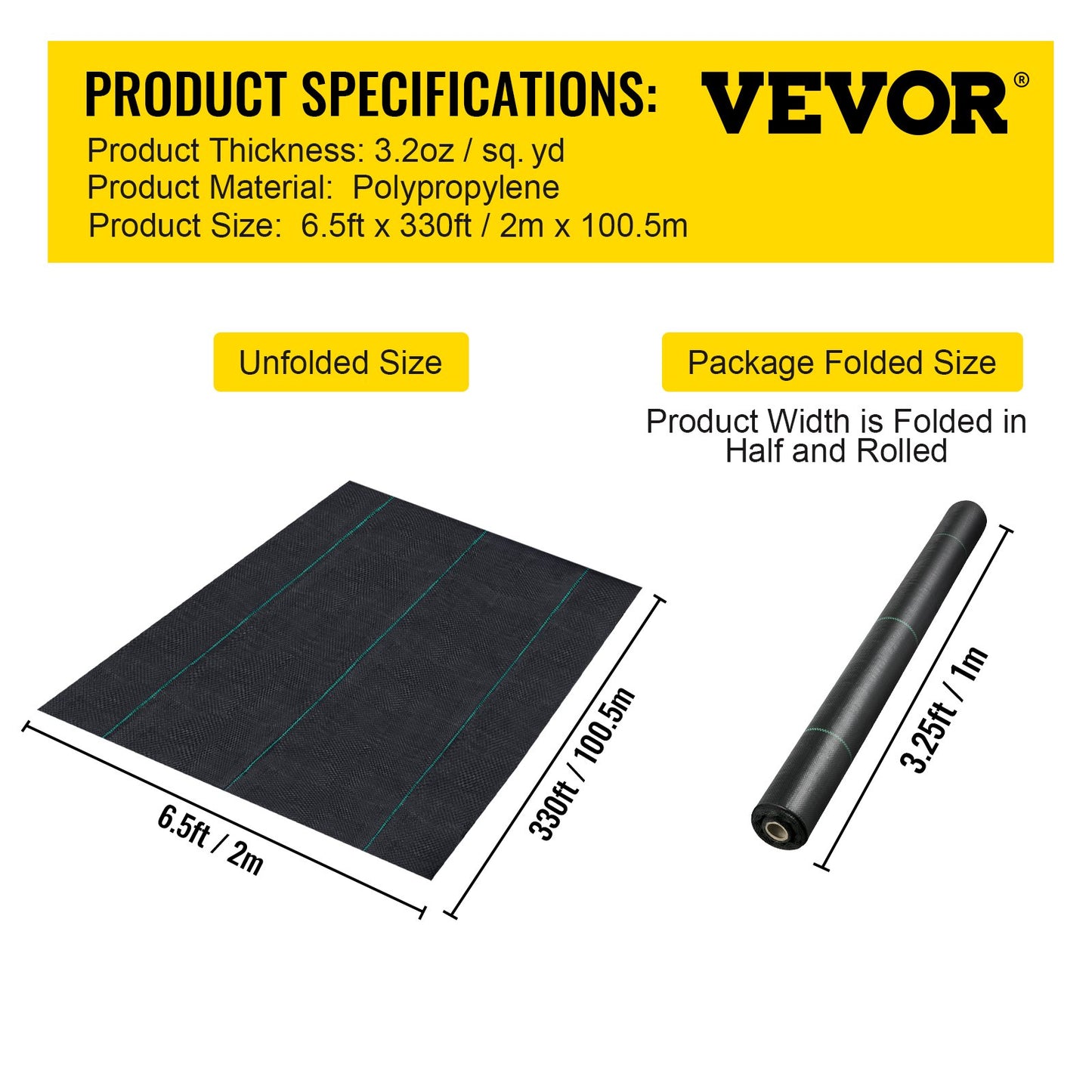 VEVOR 6.5FTx330FT Premium Weed Barrier Fabric Heavy Duty 3.2OZ, Woven Weed Control