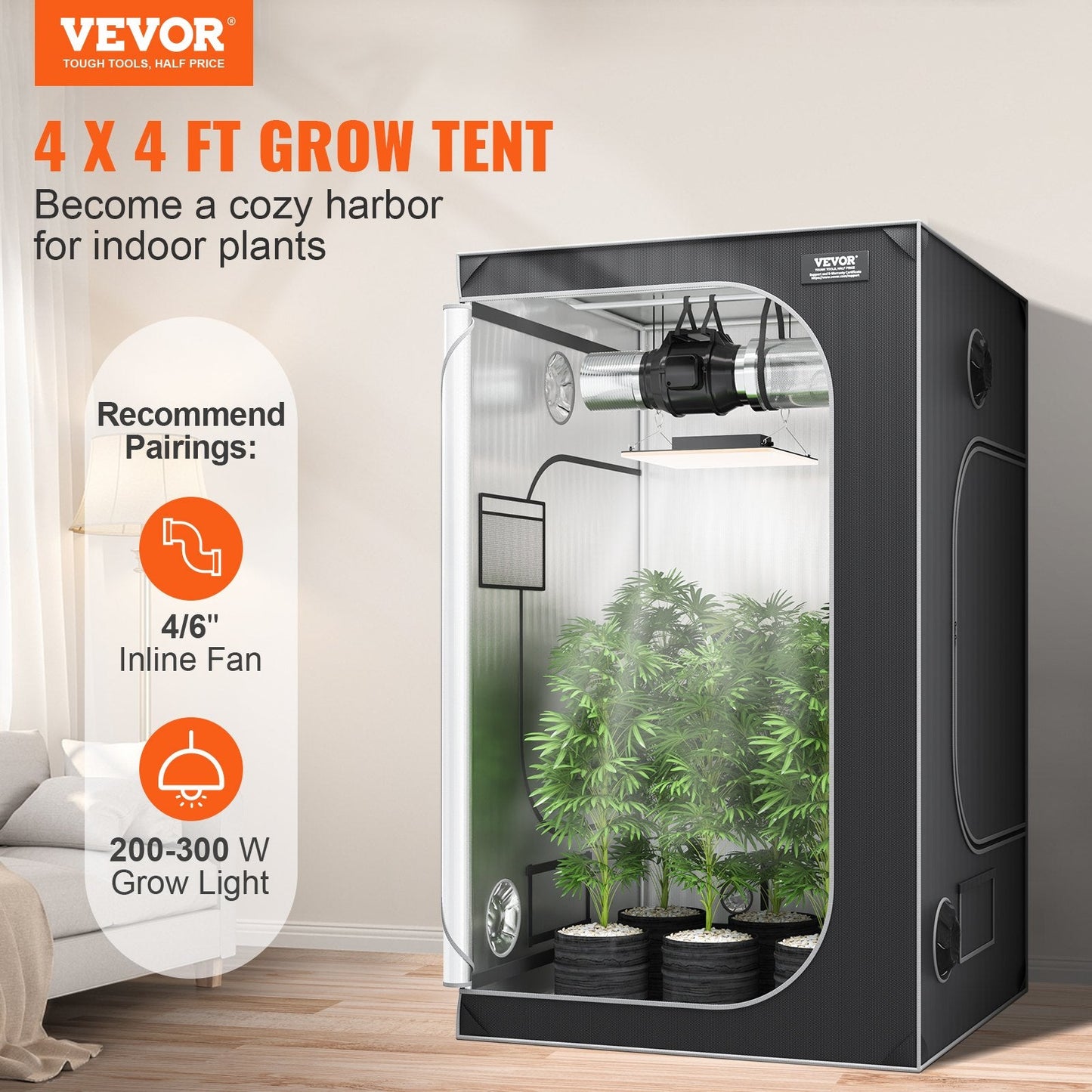 Robust Indoor Grow Tent with Hydroponic Window, 120 x 120 x 200 cm