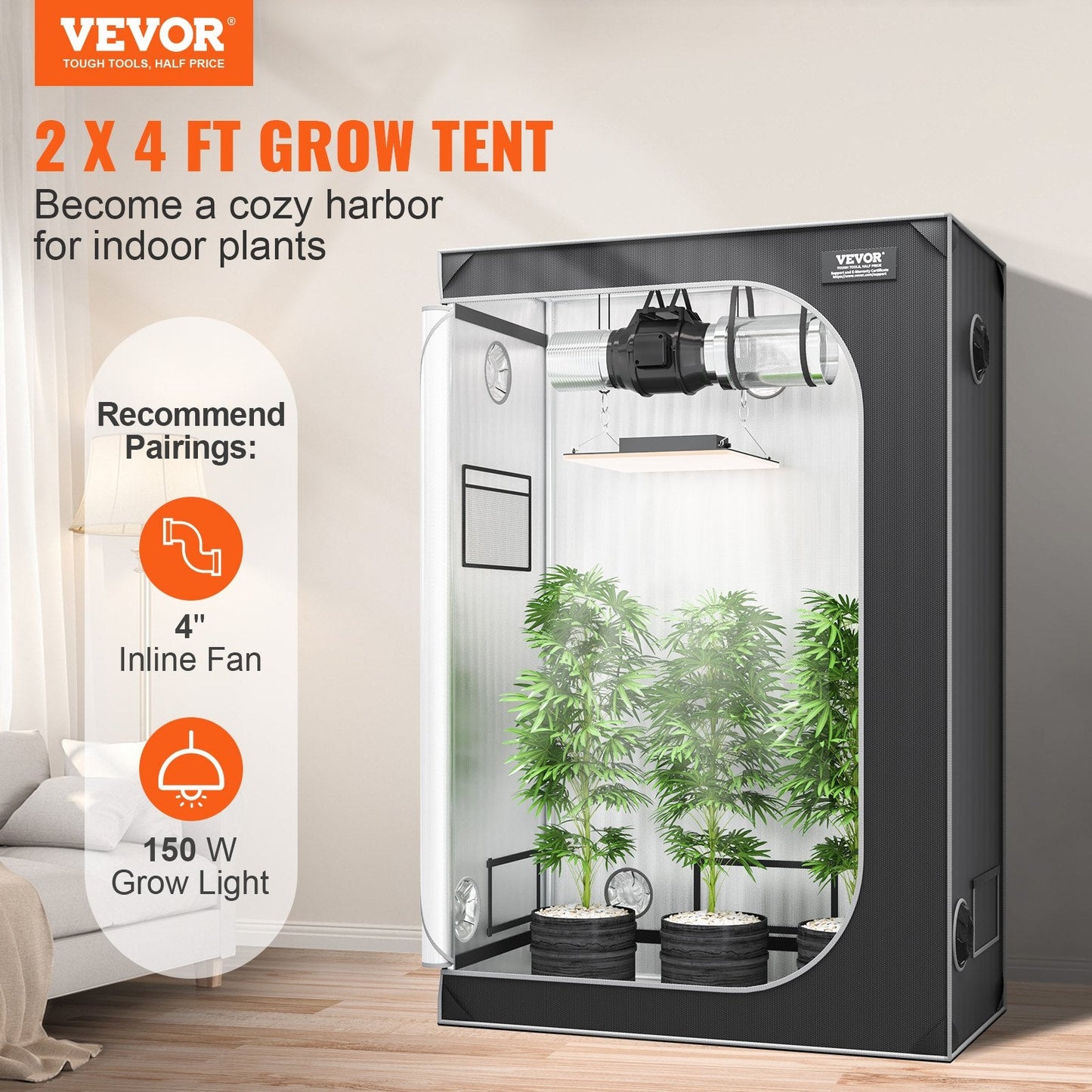Indoor Hydroponic Grow Tent with Window, 1.2 x 0.6 x 1.8 m, Durable Oxford Fabric