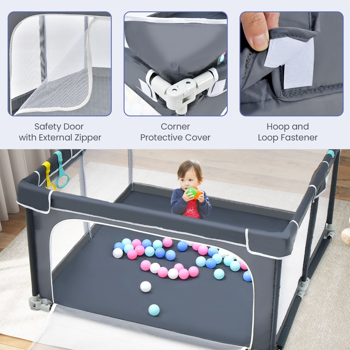 124cm Foldable Baby Playpen Interactive Activity Center with Balls for Kids-Dark Grey
