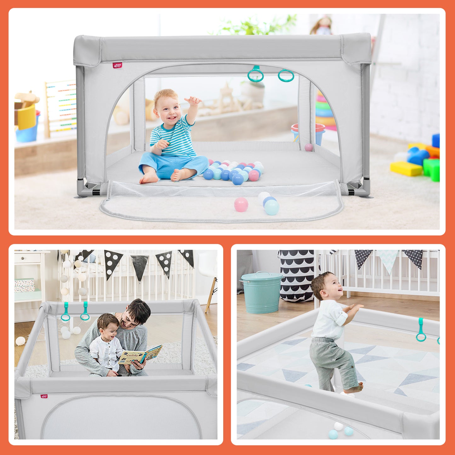 Baby Playpen Safety Activity Fence with 50 Ocean Balls for Toddlers-Grey