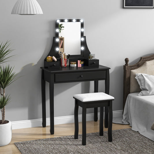 Costway Vanity Set with Lighted Mirror and 10 LED Dimmable Bulbs-Black