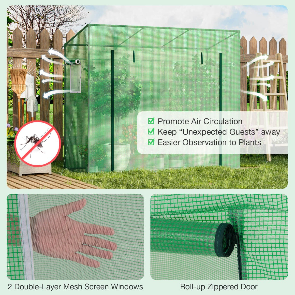 Walk-in Greenhouse with PE Cover and Double-Layer Screen Windows