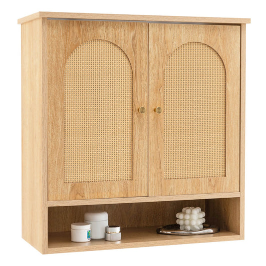 Rattan medicine cabinet adds natural charm while storing towels, toiletries, and skincare supplies