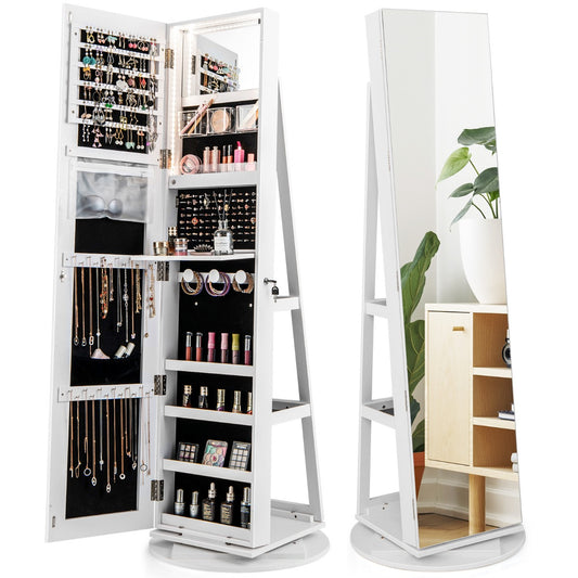 Costway 161CM (H) Jewelry Armoire with 360° Swivel Full Length Mirror & LED lights-White