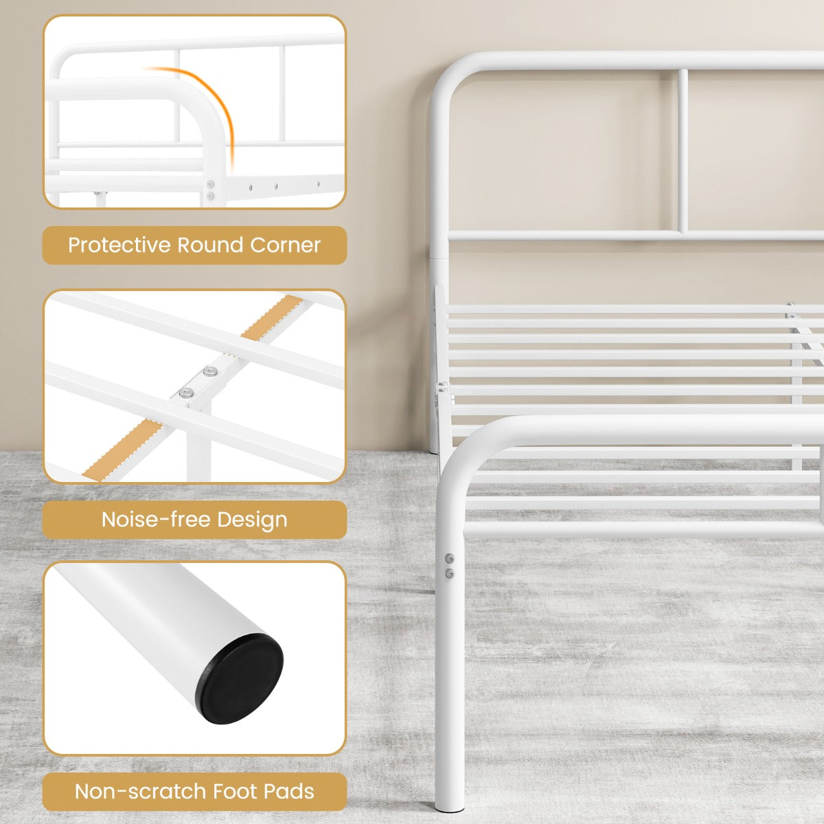 Noise-reducing platform bed with soft foam stickers and scratch-resistant protective foot pads