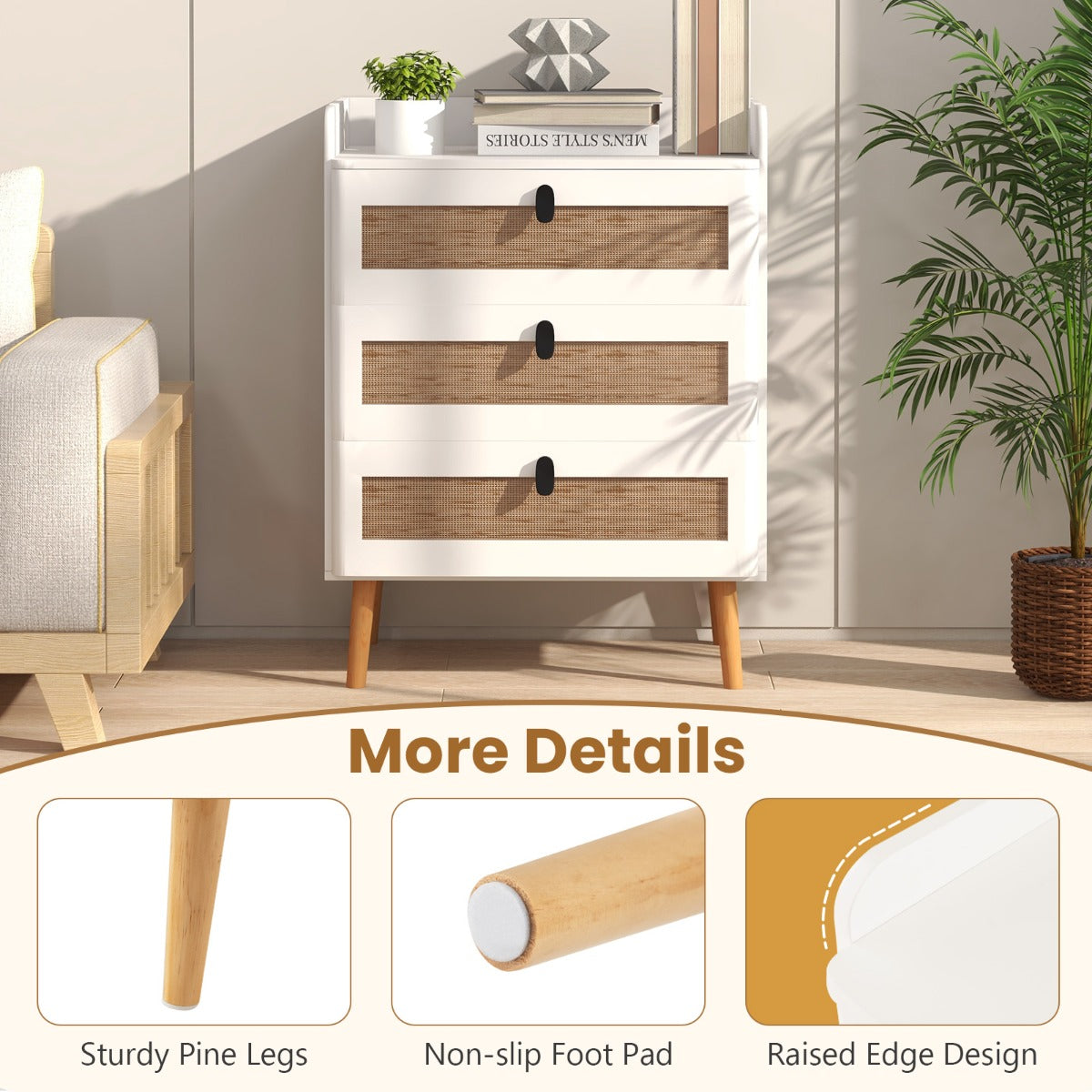 Modern End Table Bedside Table with 2/3 Rattan Decorated Drawers for Bedroom-3-Tier