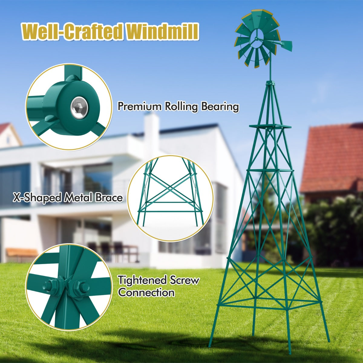 253cm Ornamental Windmill with 4 Support Legs for Backyard, Garden, Farm-Green