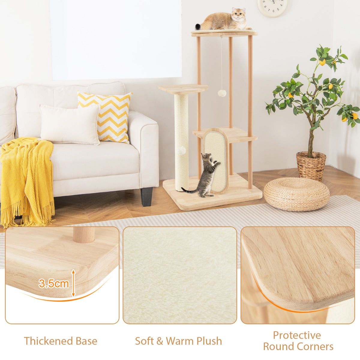 Smooth rounded corners and wipe-clean surfaces provide a safer, low-maintenance cat tree