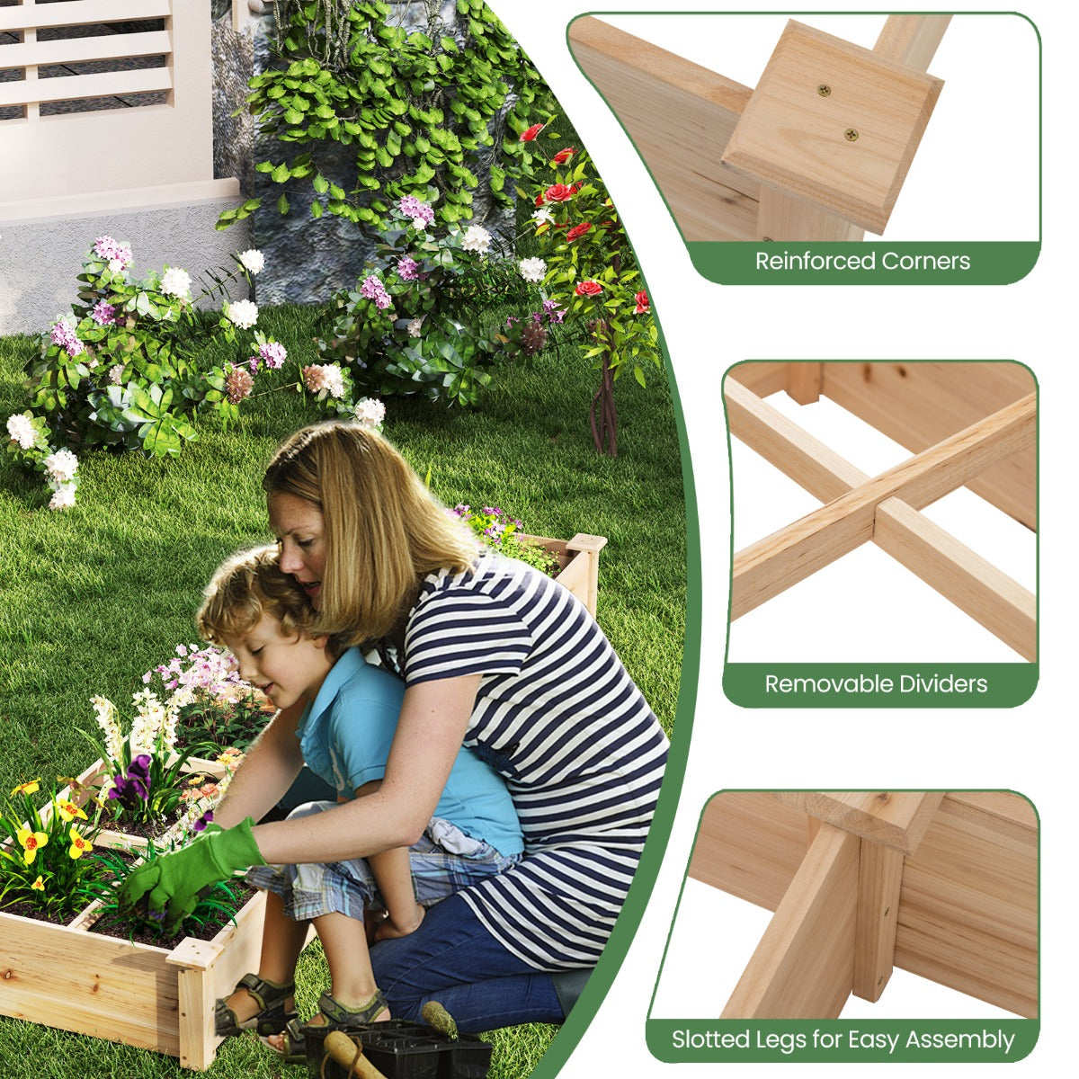 Wooden Raised Garden Bed with 2 Planter Boxes and Dividers-Natural