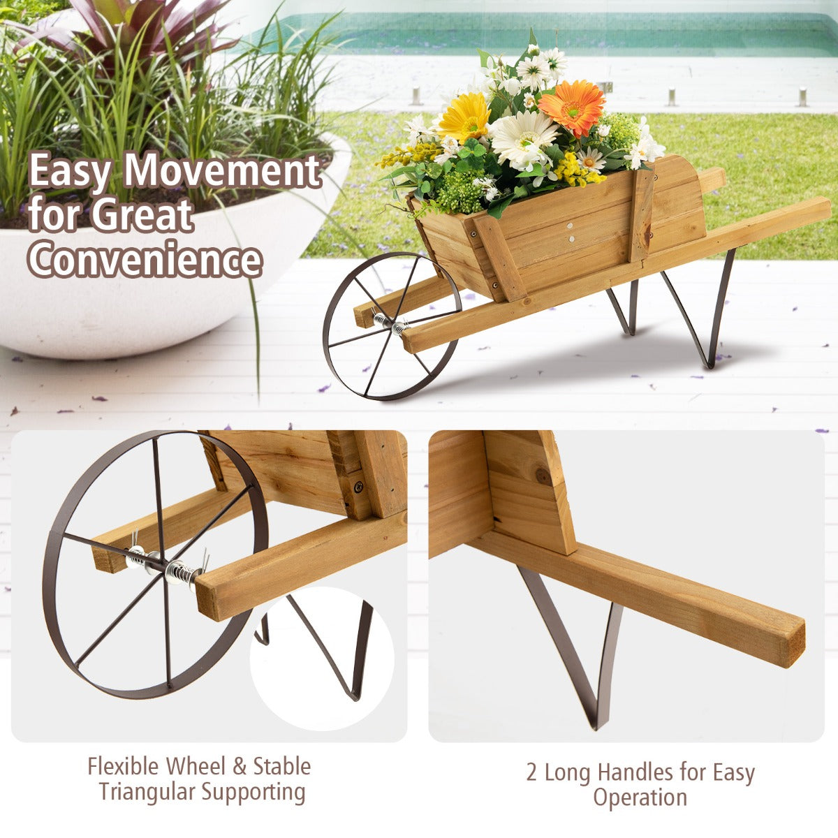 Wooden Wagon Planter Small Wheelbarrow Wagon Flower Raised Bed-Walnut